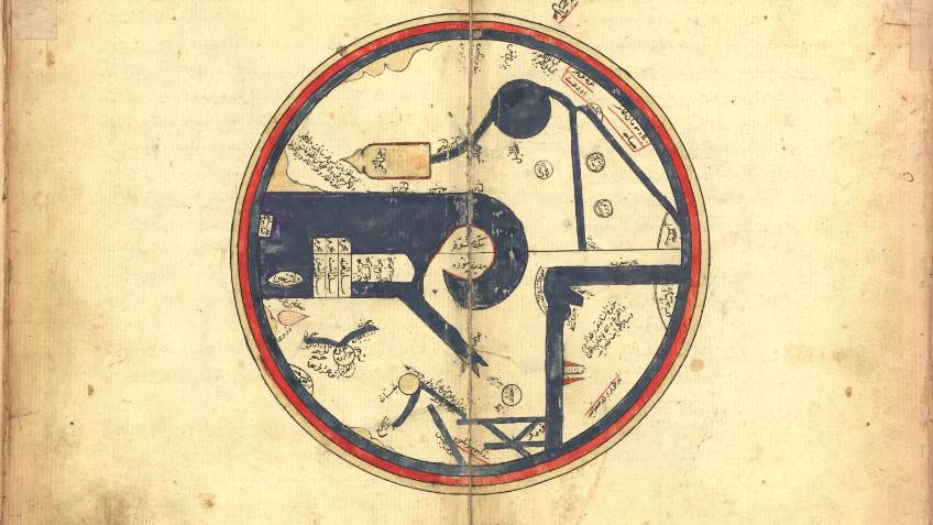 Cette illustration du XVe siècle montre une carte du monde avec une Terre sphérique entourée par Bahr al-Zulumat ou « mer des Ténèbres » (Bibliothèque du Congrès américain)