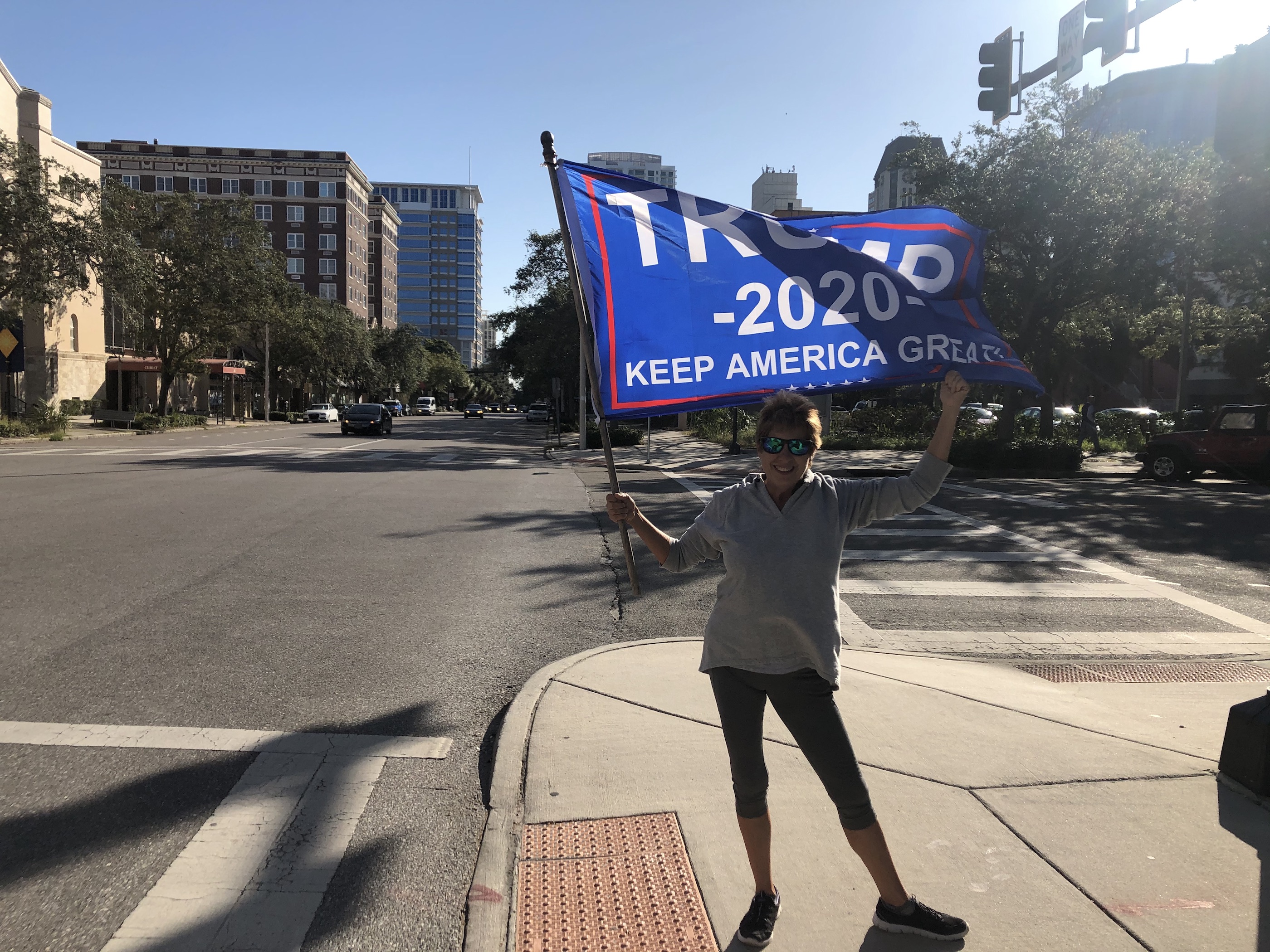  Jeanne Coffin, a Trump supporter, outside a mail-in and absentee voting drop-off site in St. Petersburg, Fl on 3 November (MEE/Sheren Khalel)