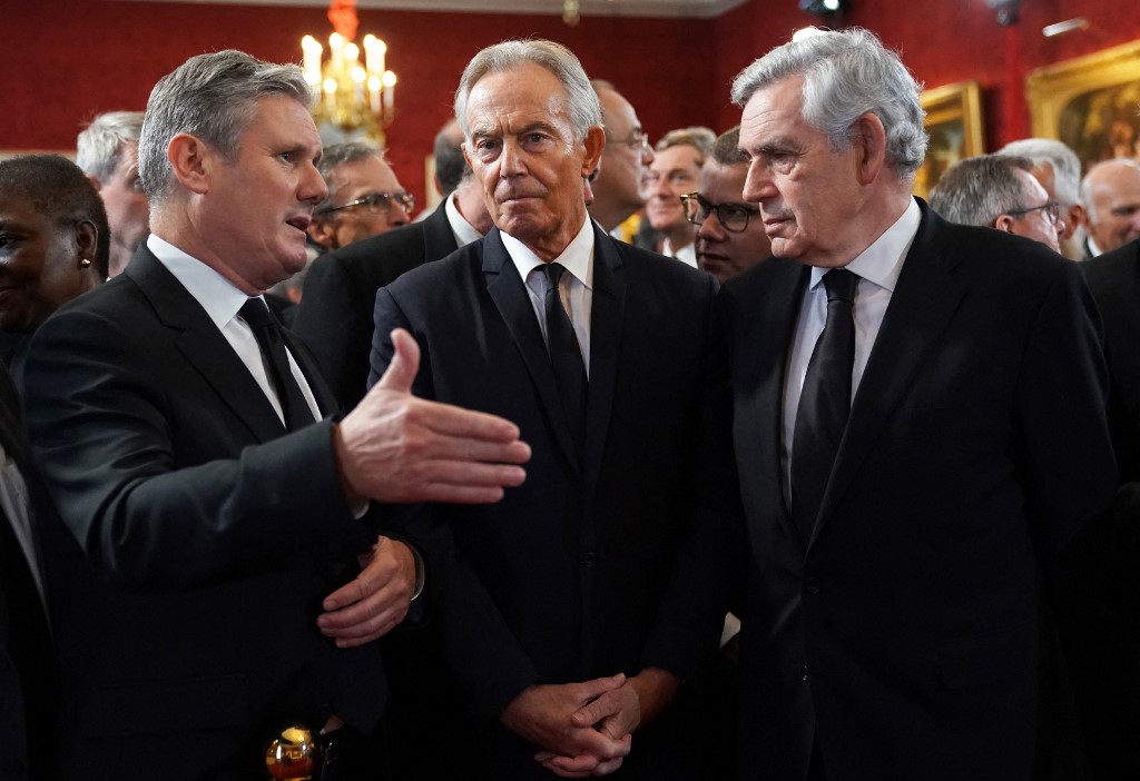 Keir Starmer, Tony Blair and Gordon Brown at St James's Palace in London on 10 September 2022, ahead of a meeting to proclaim King Charles III as the new king (AFP)
