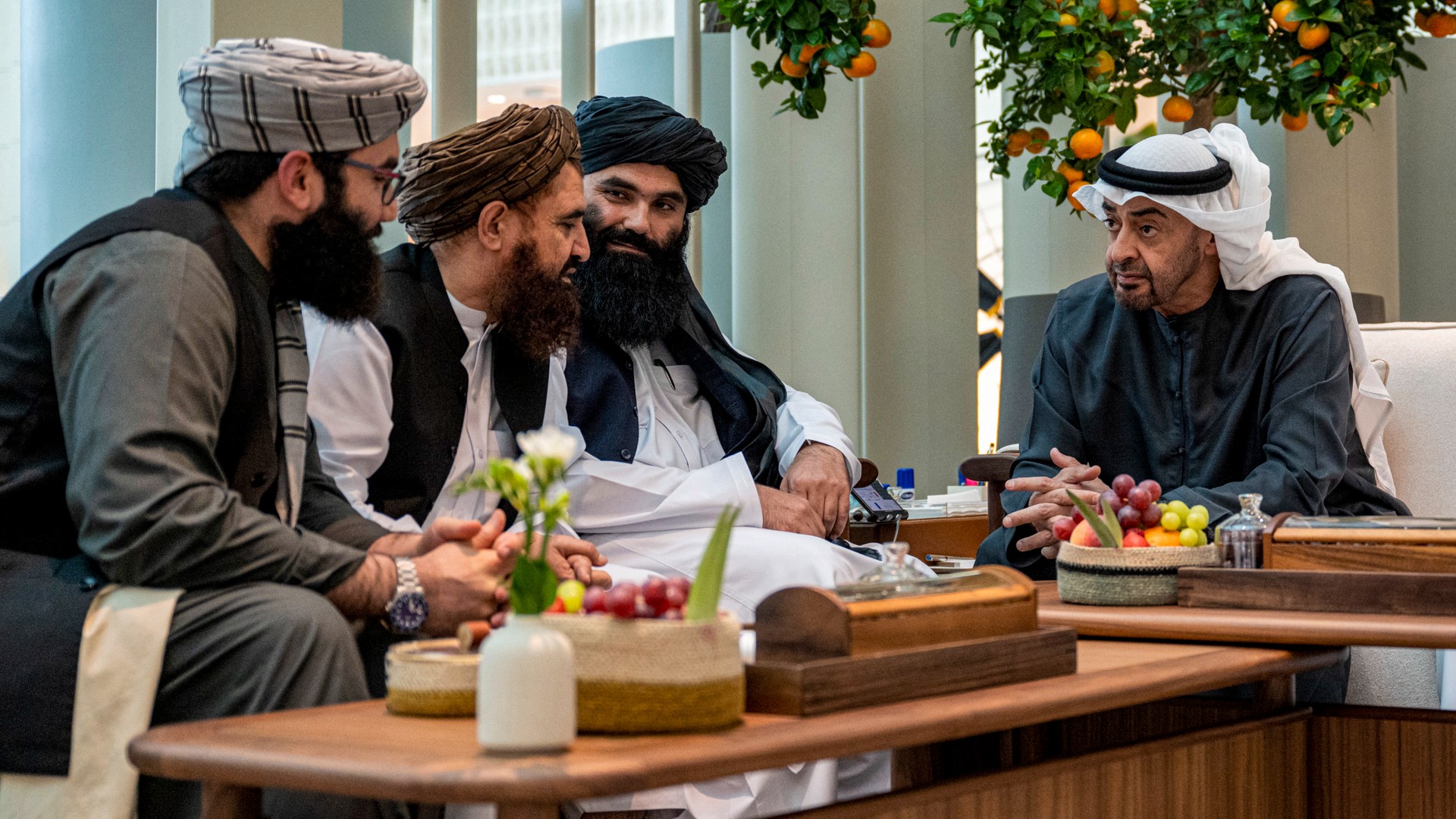 Mohamed bin Zayed (R) meeting with a Taliban delegation including Sirajuddin Haqqani (2nd-R) at al-Shati Palace in Abu Dhabi on June 3 (Abdulla al-Bedwawi/UAE presidency/AFP)