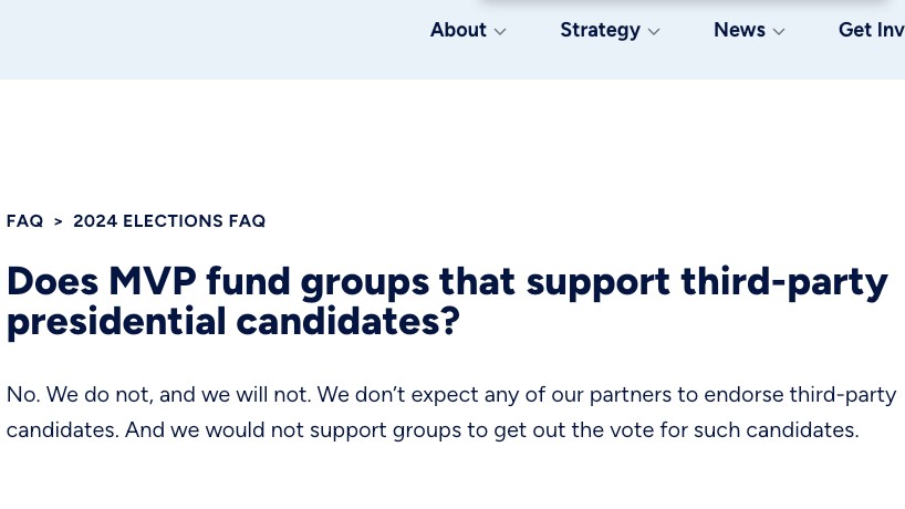 The Movement Voter Project's website states it doesn't support groups that support third-party presidential candidates.