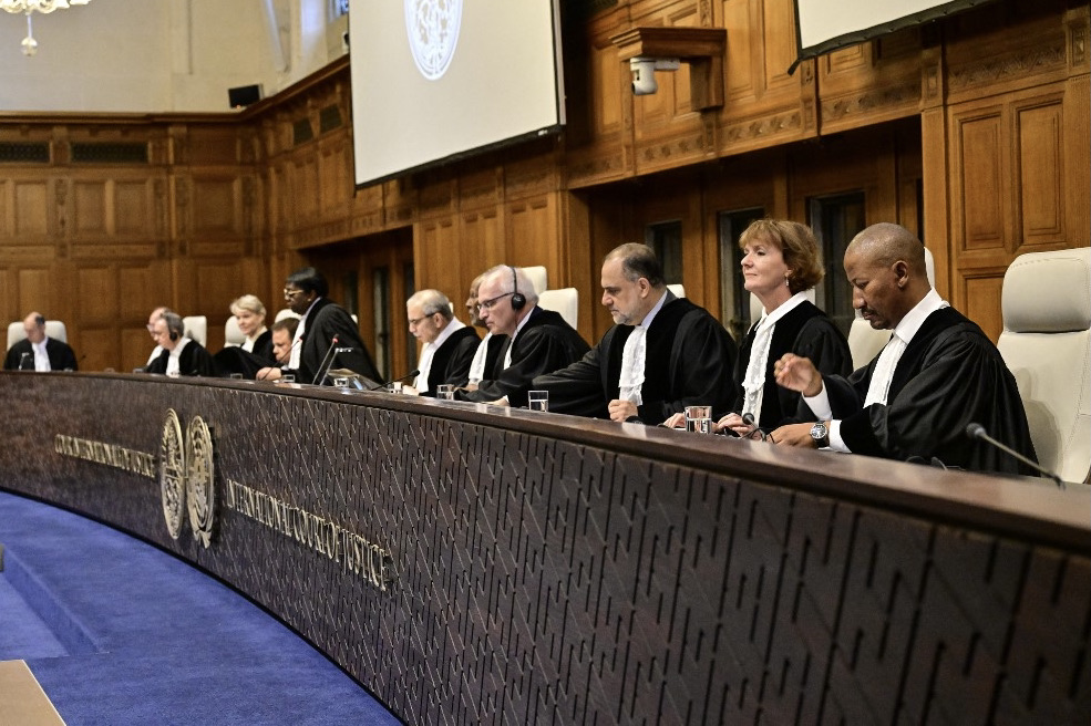 Magistrates at the International Court of Justice (ICJ) as part of South Africa's request on a Gaza ceasefire in The Hague, 24 May 2024 (Nick Gammon/AFP)