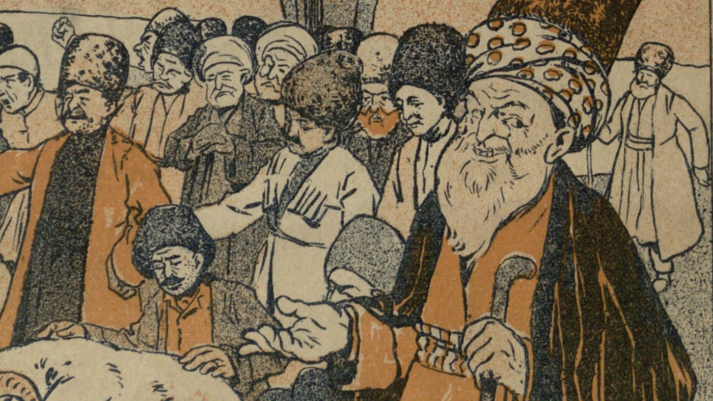 Nasreddin (à droite) apparaît sur la couverture d’une anthologie turque de fables en 1906 (domaine public)
