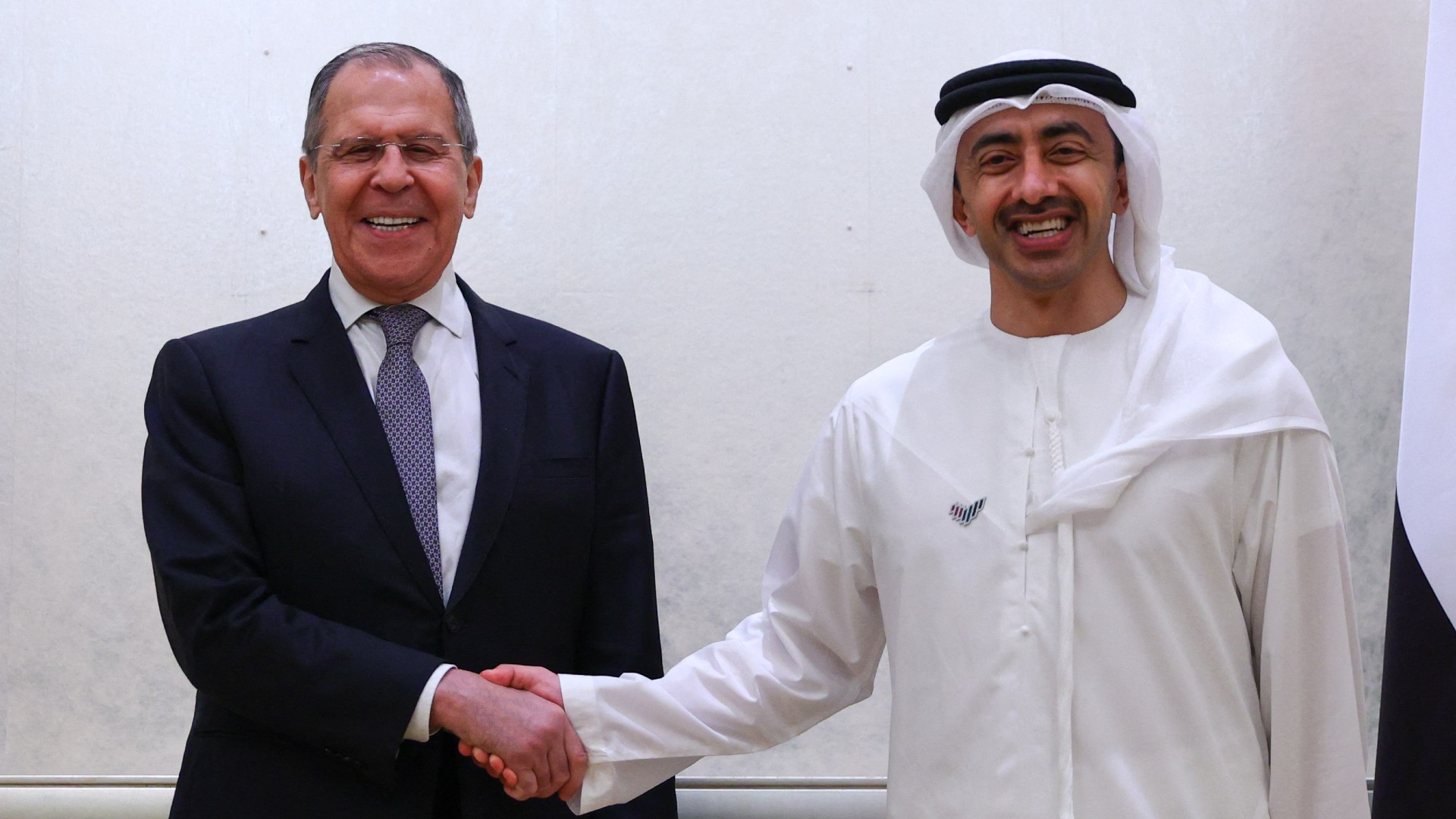 Russian Foreign Minister Sergei Lavrov meets with his Emirati counterpart Sheikh Abdullah bin Zayed al-Nahayan in Abu Dhabi on March 9, 2021.