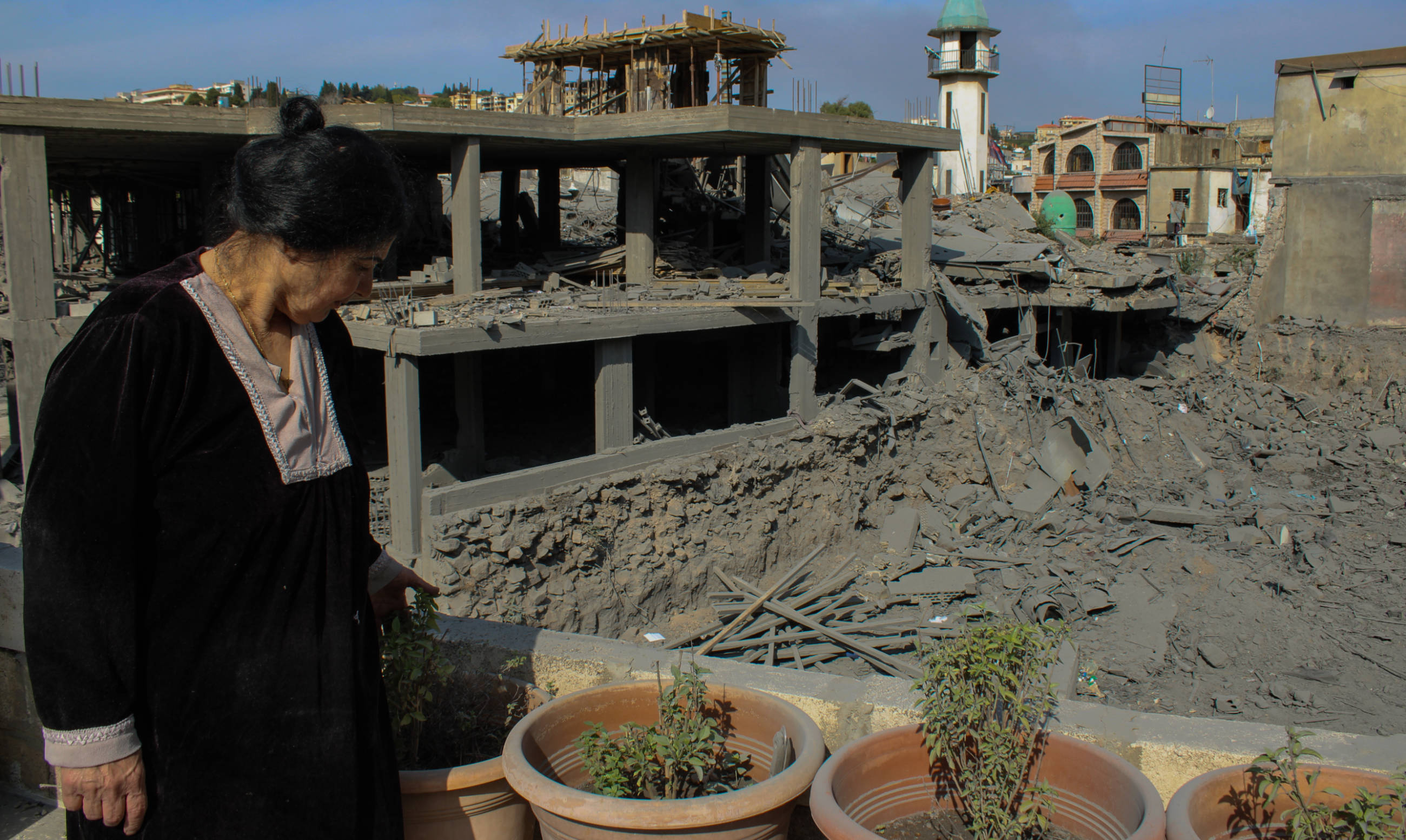 Amina Bitar dusted off a fresh basil plant in her home in Nabatieh, Lebanon (Hanna Davis/MEE)