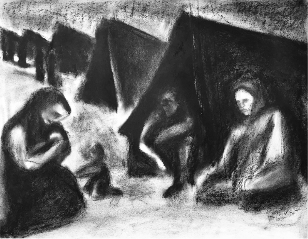 Nakba ii, charcoal, 1994, Sandra Watfa