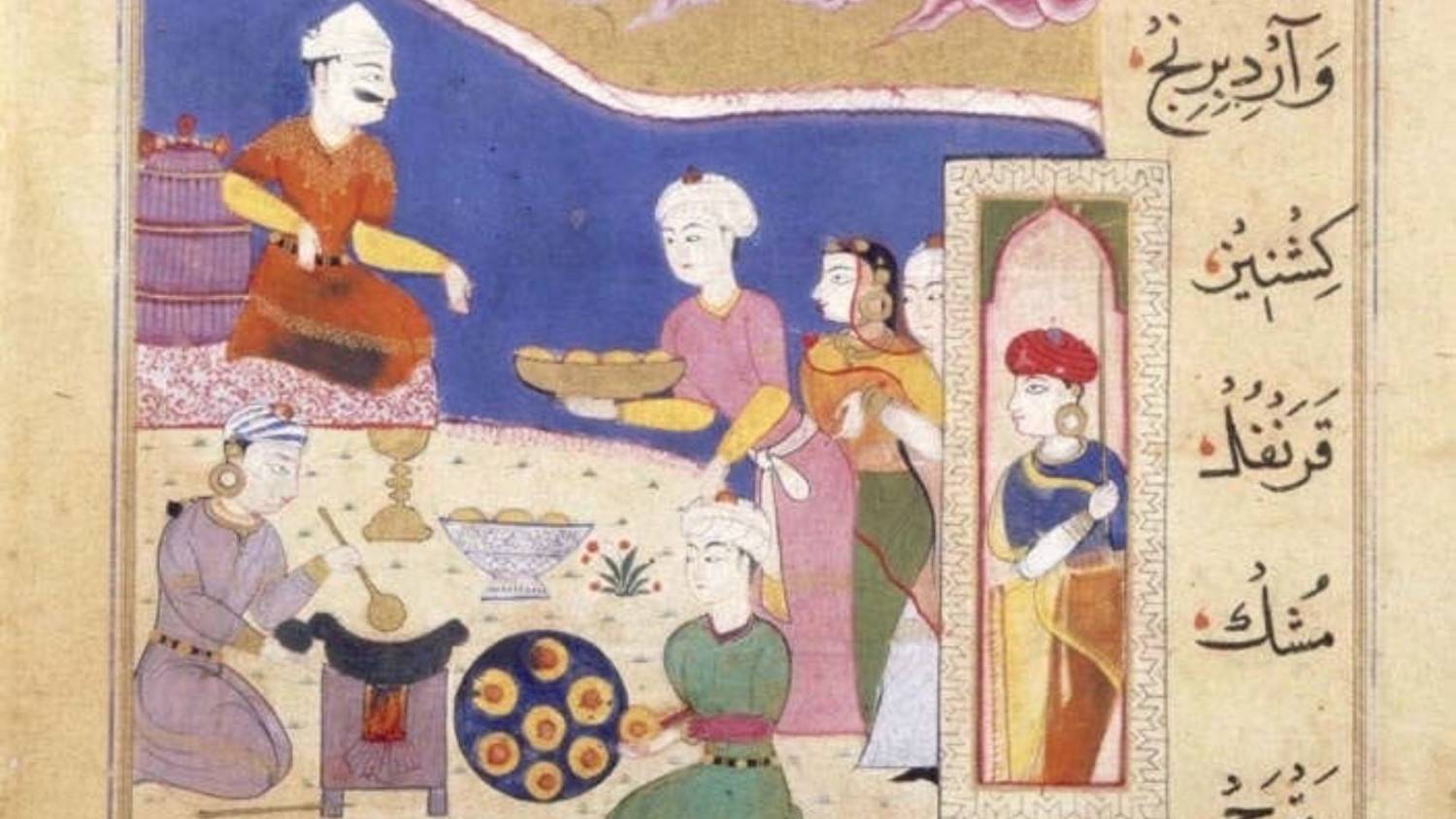 This page from Nimatnama-i-Nashirshahi shows a dish filled with samosas being served (British Library/CC)