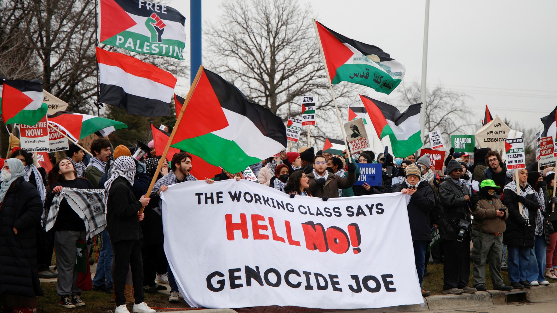 Protestors rally for a Cease Fire in Gaza outside a UAW union hall during a visit by U.S. President Joe Biden in Warren Michigan, U.S. February 1, 2024. REUTERS