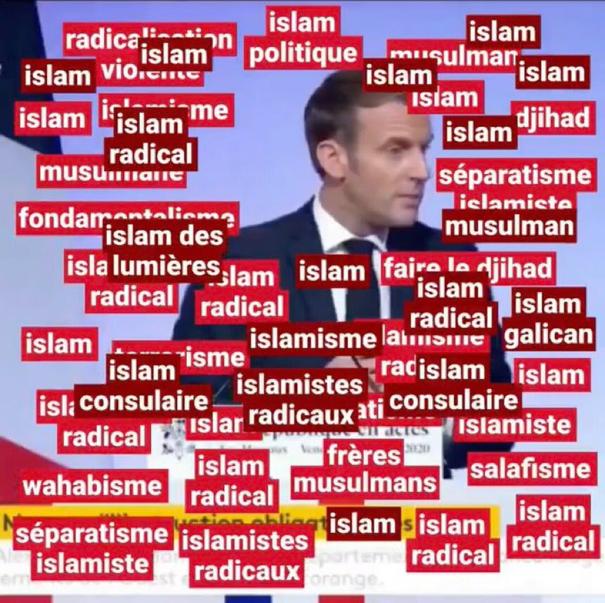 Capture d’écran de l’émission « Quotidien » pointant les nombreuses occurrences de termes en rapport avec l’islam dans un récent discours du président Macron