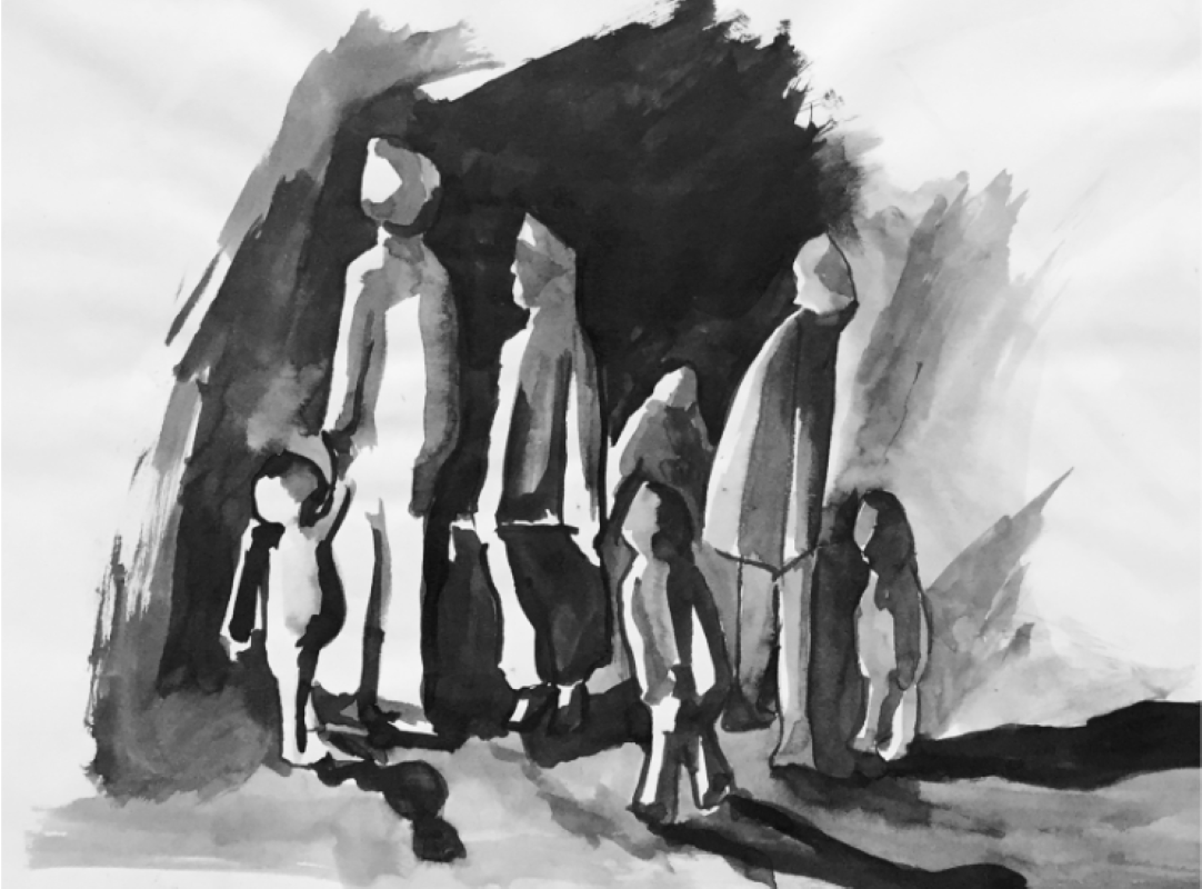 Refugees, ink on paper by Sandra Watfa, 1990