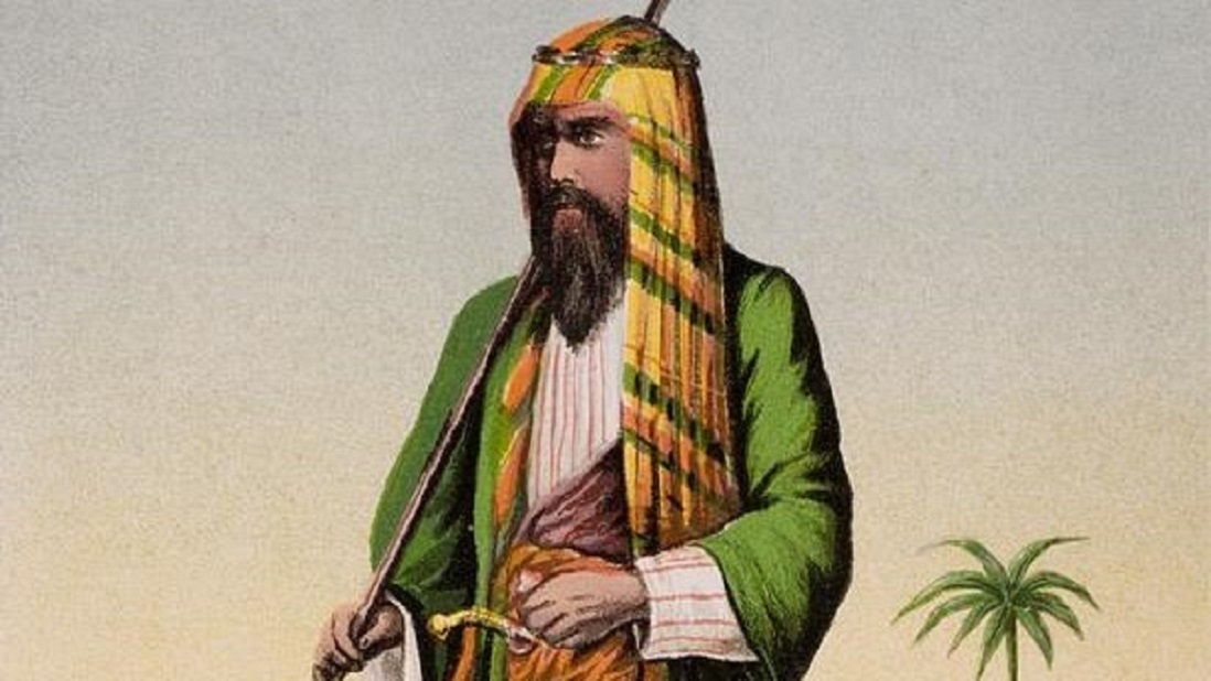 Une représentation de Burton habillé en Arabe dans une copie du XIXe siècle de son récit du hadj (domaine public)