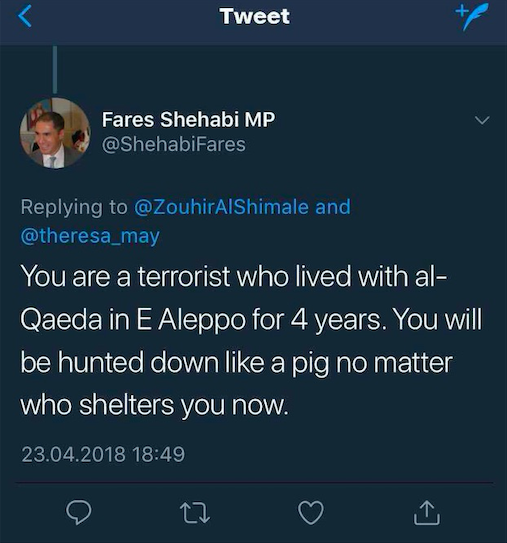 A screenshot of Fares Shehabi threatening MEE journalist Zouhir al-Shimale on Twitter (Screenshot)