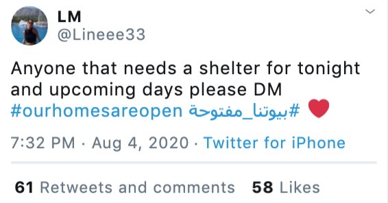 A tweet reading: "Anyone that needs a shelter for tonight and upcoming days please DM #ourhomesareopen #بيوتنا_مفتوحة"