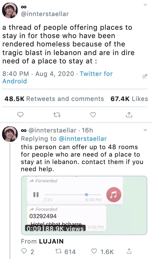 A tweet reading: "a thread of people offering places to stay in for those who have been rendered homeless because of the tragic blast in lebanon and are in dire need of a place to stay at:"