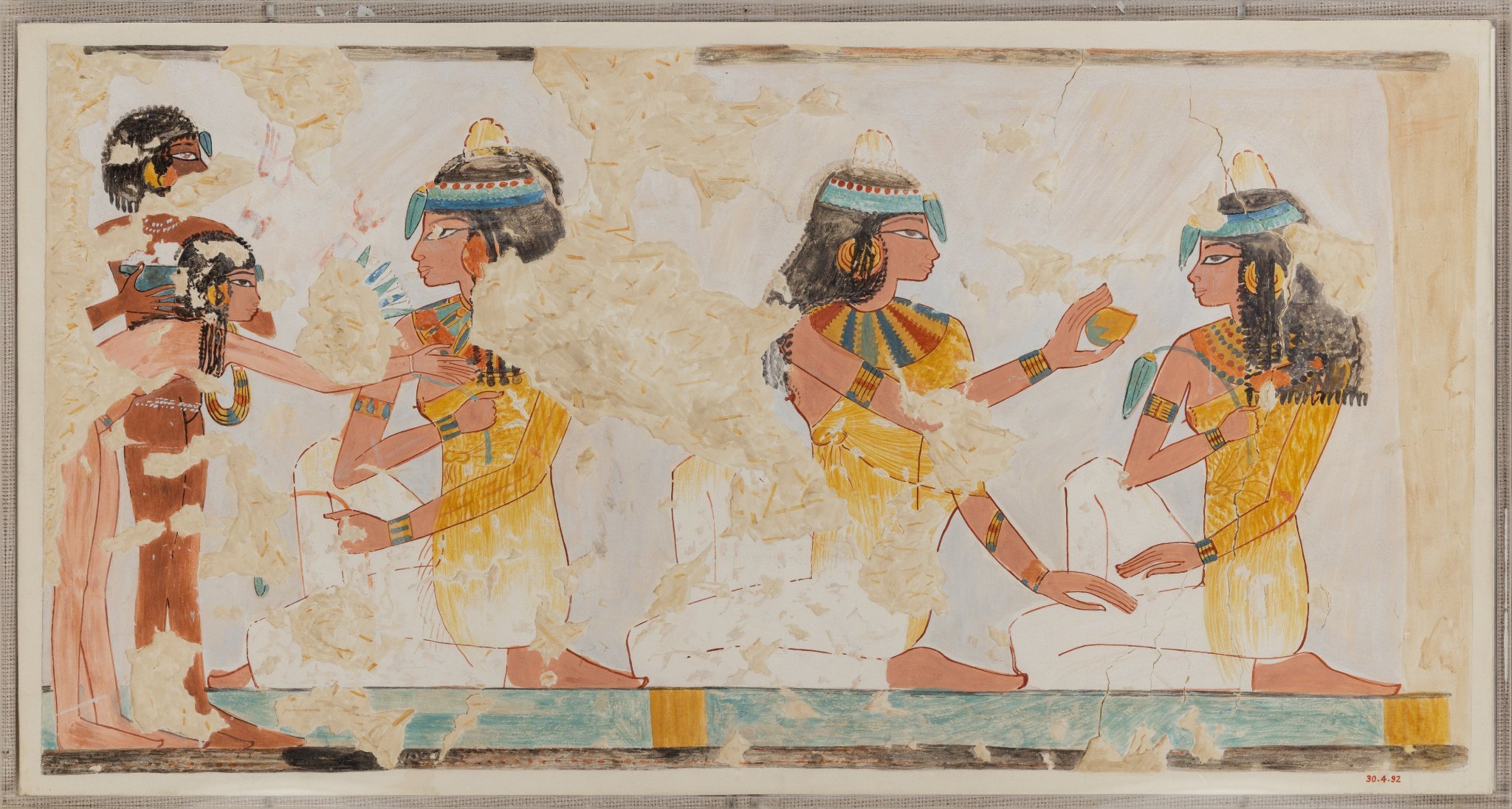 Sur la scène du banquet de Nebseny, une femme tend une mandragore à son amie (Metropolitan Museum of Art)