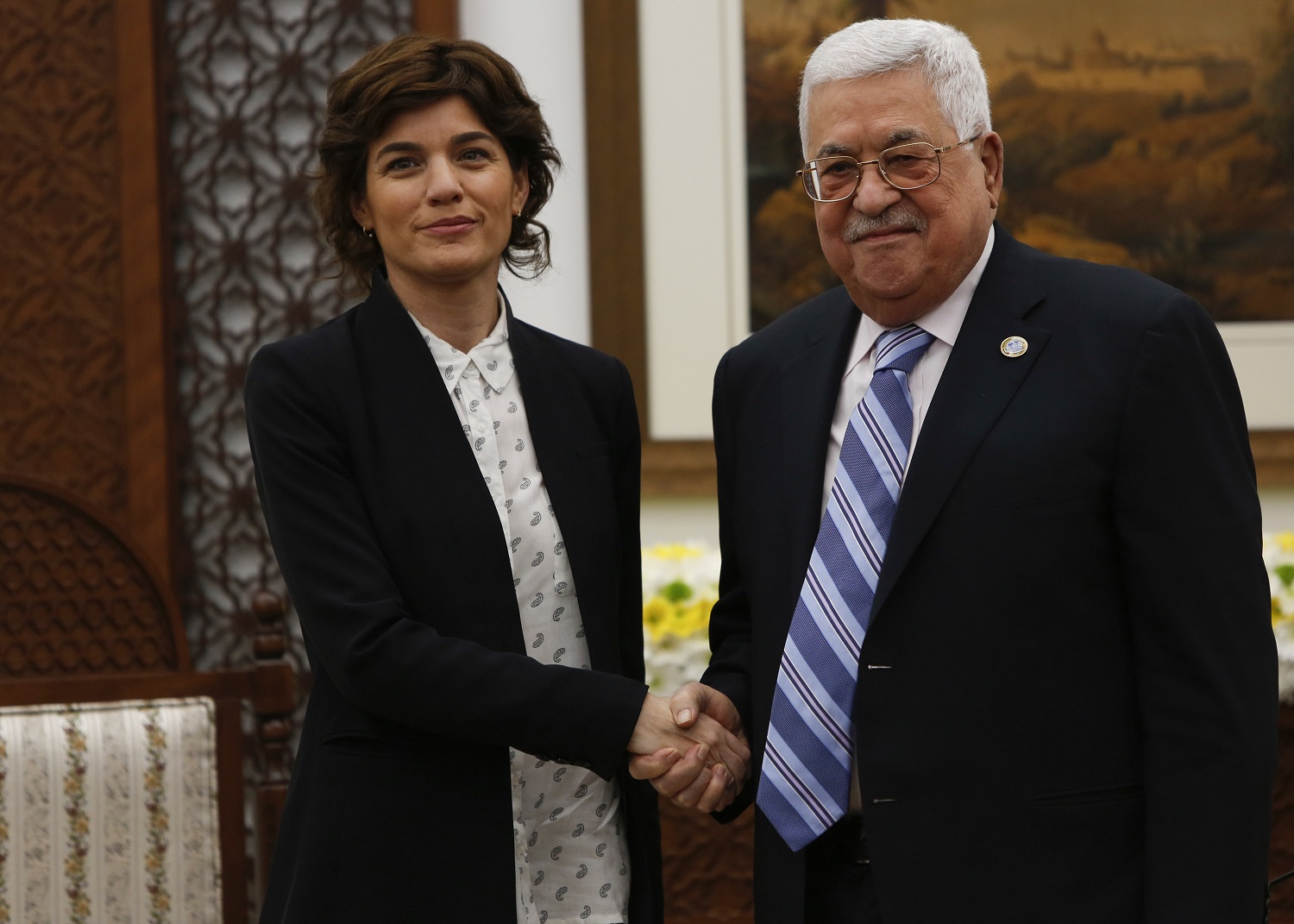 Tamar Zandberg (left) meets with Palestinian president Mahmoud Abbas in Ramallah in March 2019 (AFP)