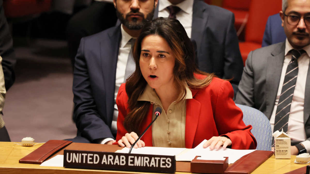 Lana Nusseibeh speaks during a meeting at UN headquarters in New York City, on 23 February 2023 (Michael M Santiago/Getty Images/AFP)