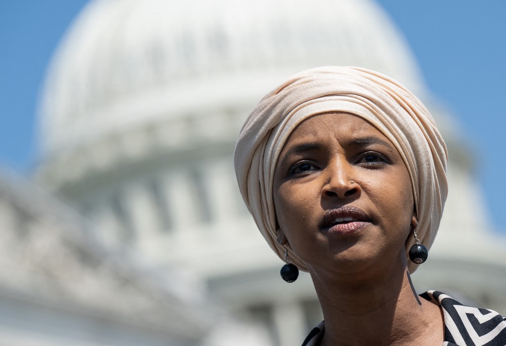 US Representative Ilhan Omar, Democrat of Minnesota, speaks during a press conference with family members of Palestinian-American journalist Shireen Abu Akleh. 18 May 2023. AFP