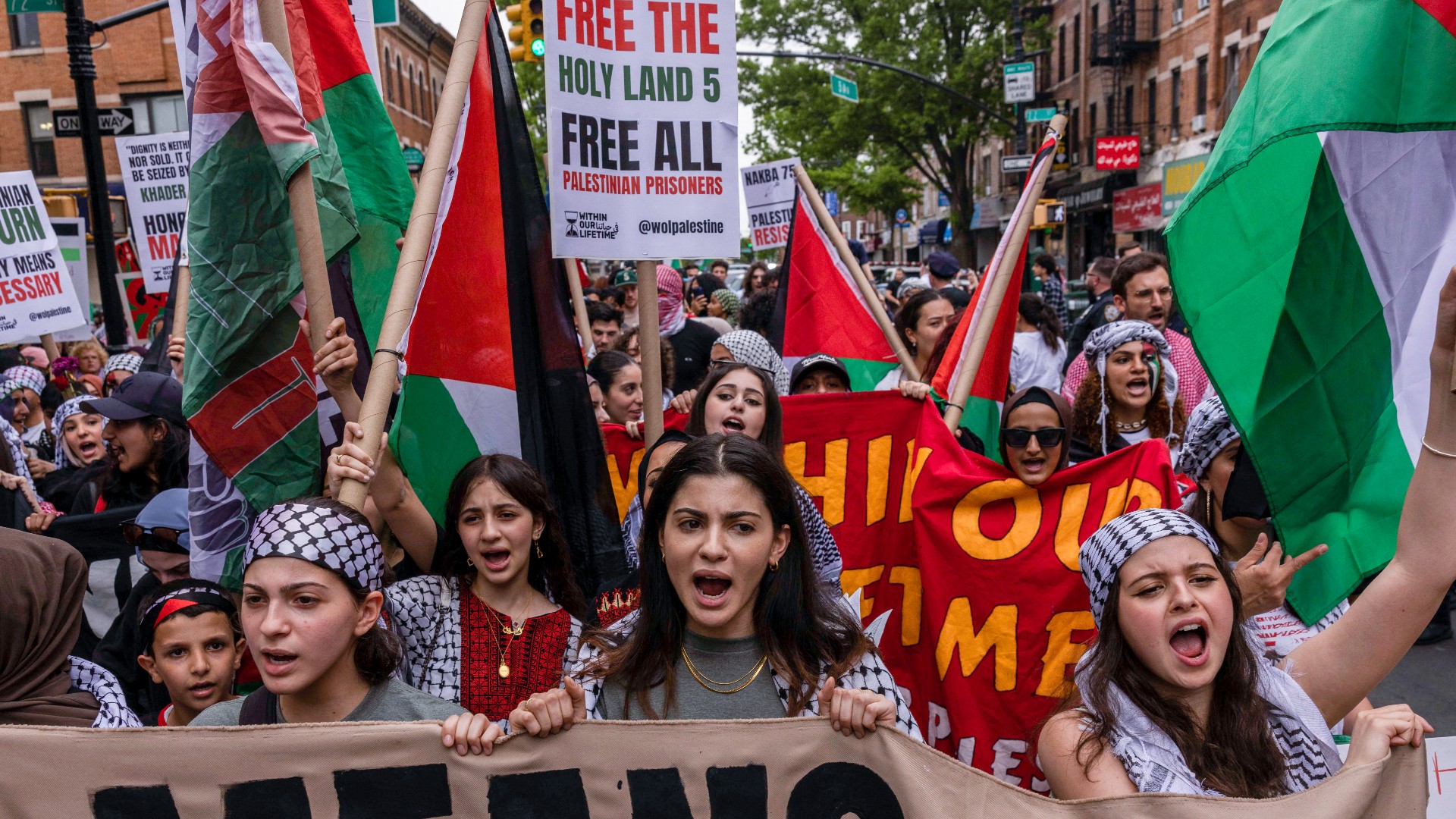Palestine rights supporters march to mark the 75th anniversary of Nakba, or the "catastrophe" of the creation of Israel, in Brooklyn, New York, May 13, 2023.