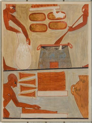 Une scène dans la tombe de Rekhmirê à Thèbes (aujourd’hui Louxor) montre des boulangers remuant la préparation des gâteaux aux souchets et les façonnant en cônes ou en triangles plats (The Metropolitan Museum of Art)