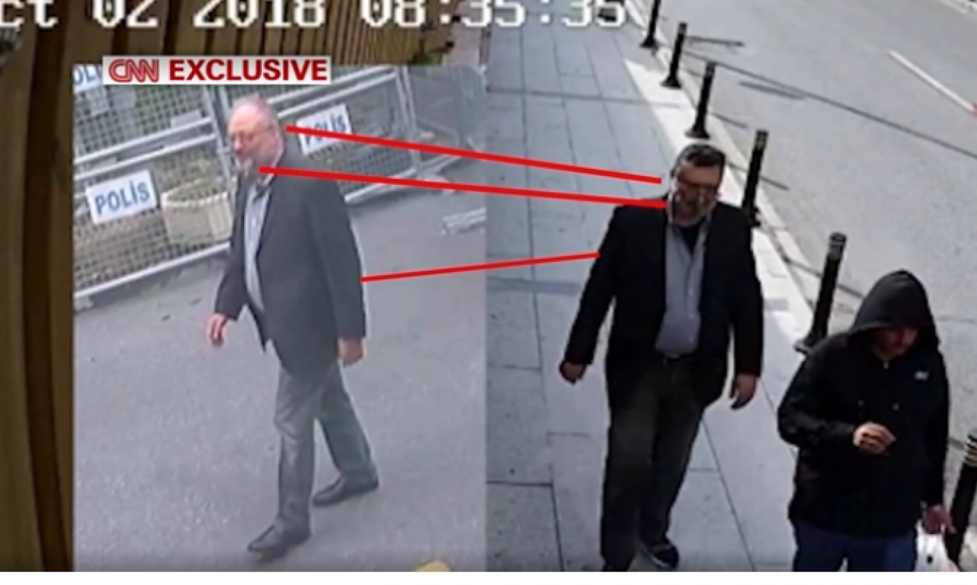 Jamal Khashoggi walking into the consulate, left, and Mustafa al-Madani later wearing his clothes, right (Screengrab)