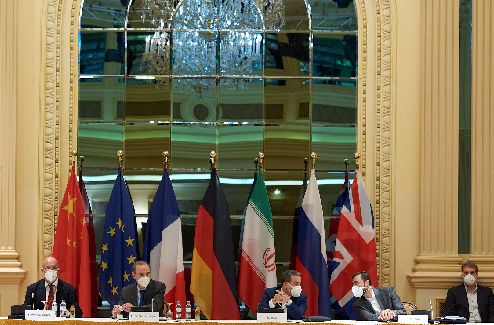 Delegation members from the parties to the Iran nuclear deal - Germany, France, Britain, China, Russia and Iran – attending a meeting in Vienna on 1 May, 2021 (AFP)