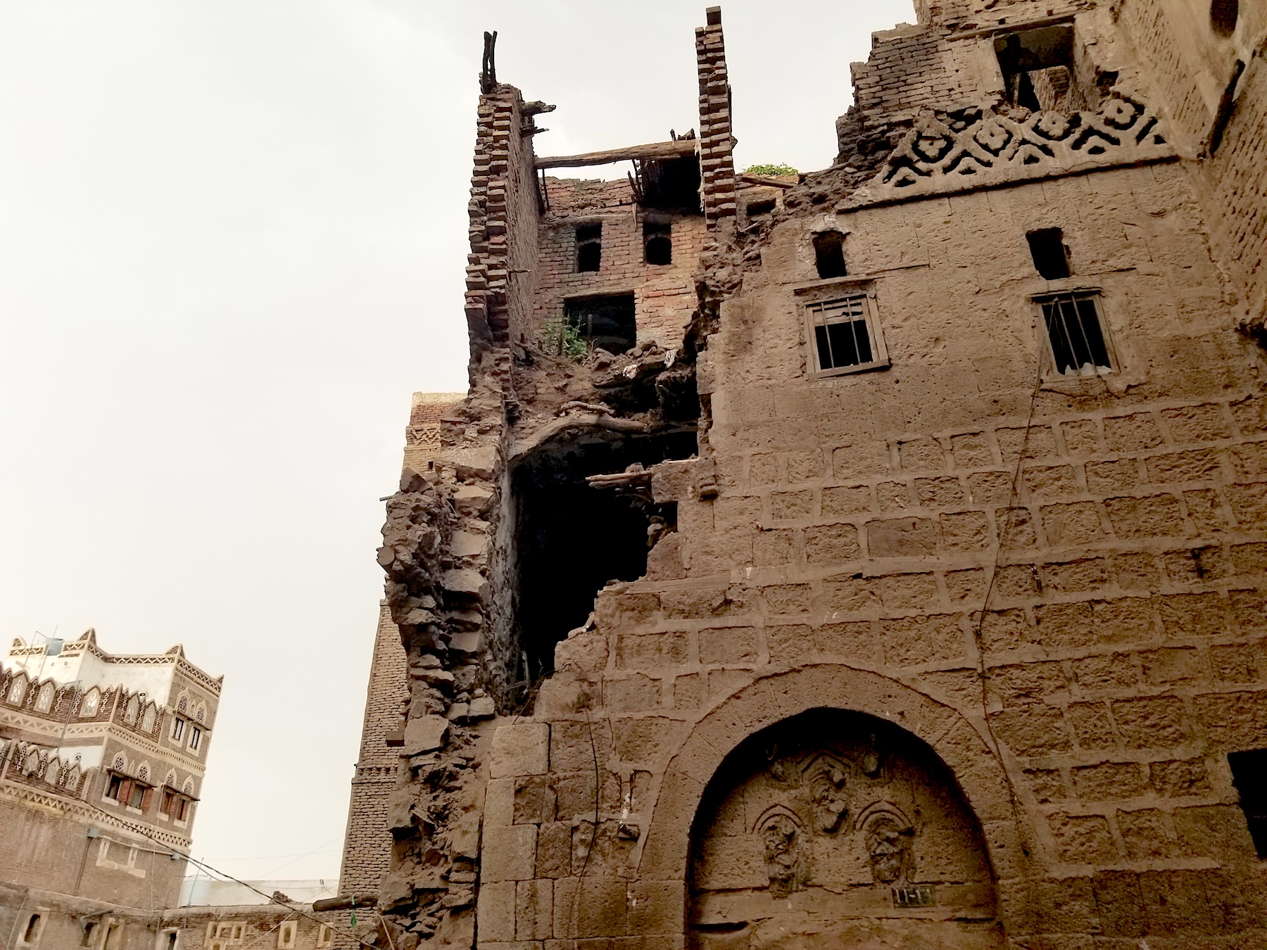 Damaged ancient building in Sanaa's Old City