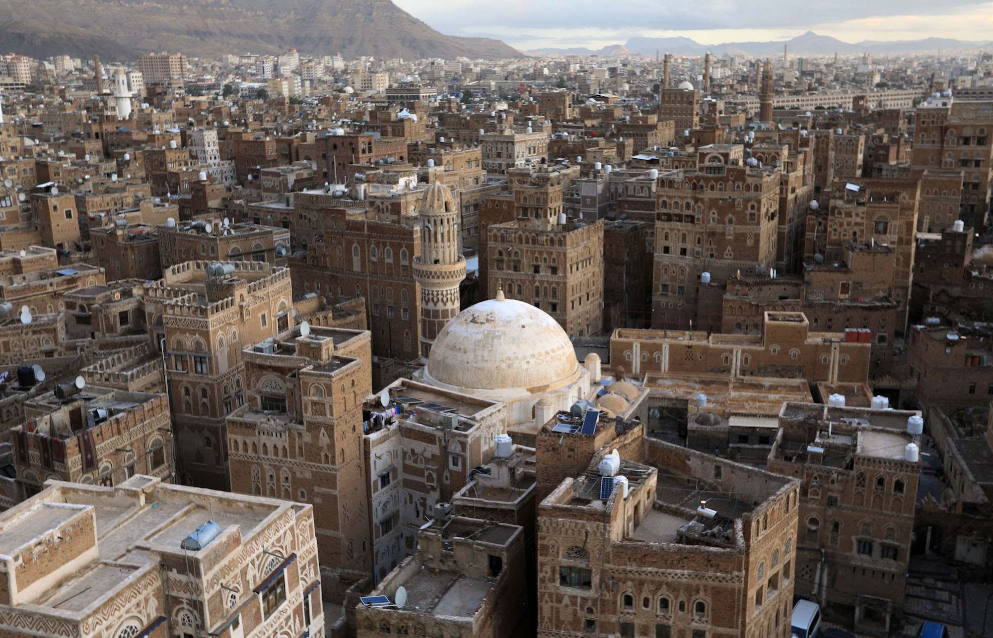 View of Sanaa's Old City, a UNSECO heritage site, and its mud houses