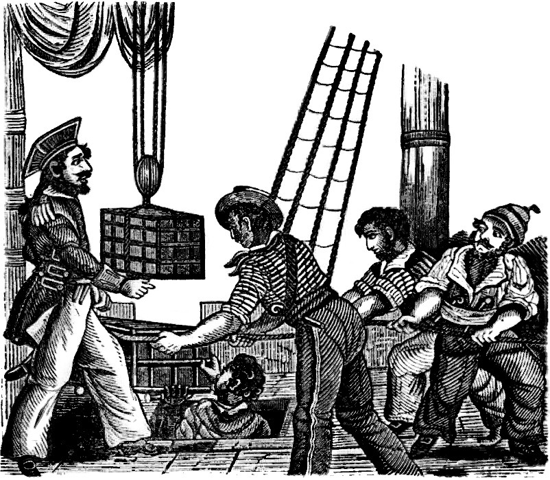 Gravure de 1837 représentant Henry Every recevant le trésor du Ganj-i-Sawai sur son navire, le Fancy (Wikipédia)