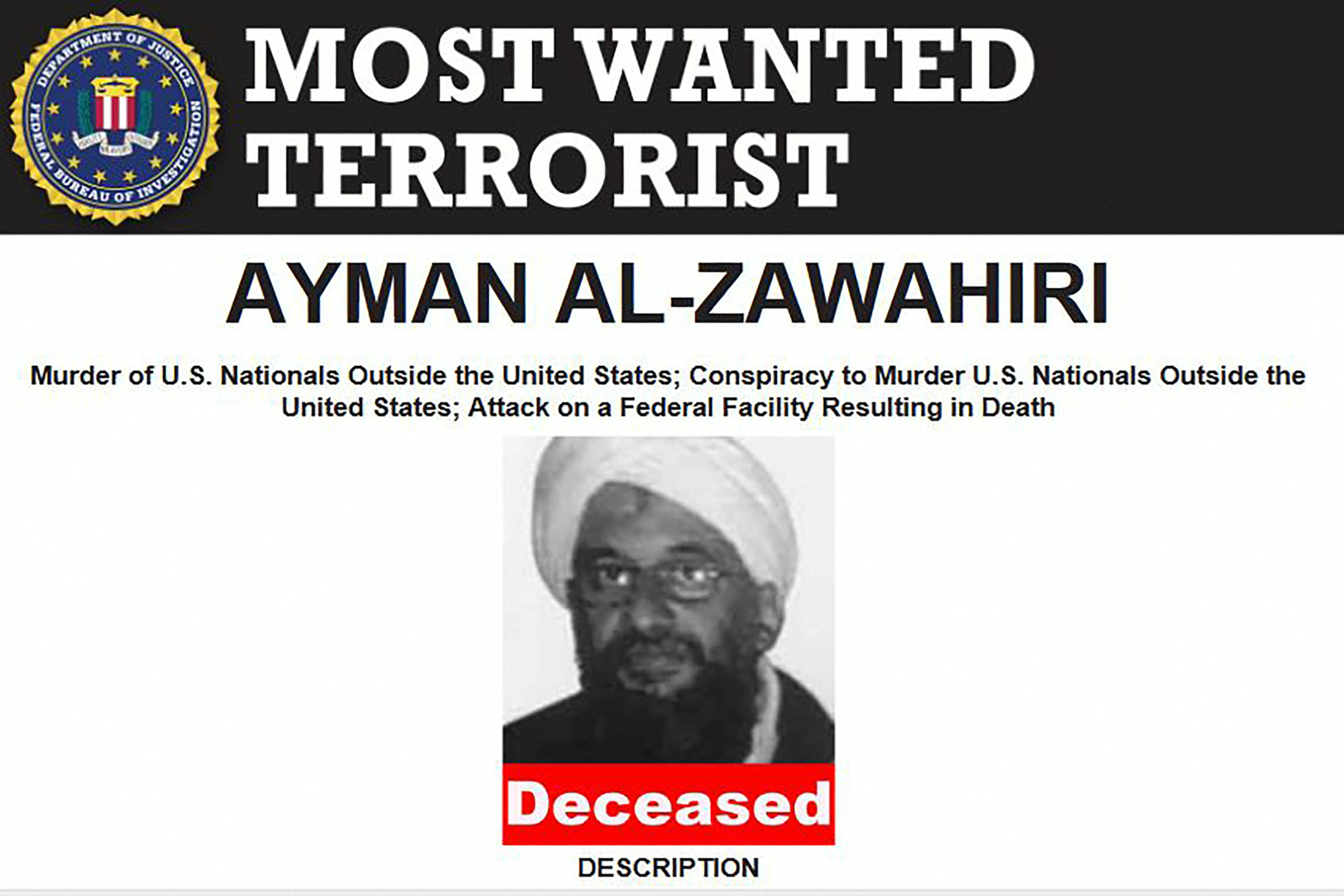 Handout image provided by the Federal Bureau of Investigation on 1 August 2022 shows the poster of al-Qaeda chief Ayman al-Zawahiri after he was killed in a US operation (AFP/FBI)
