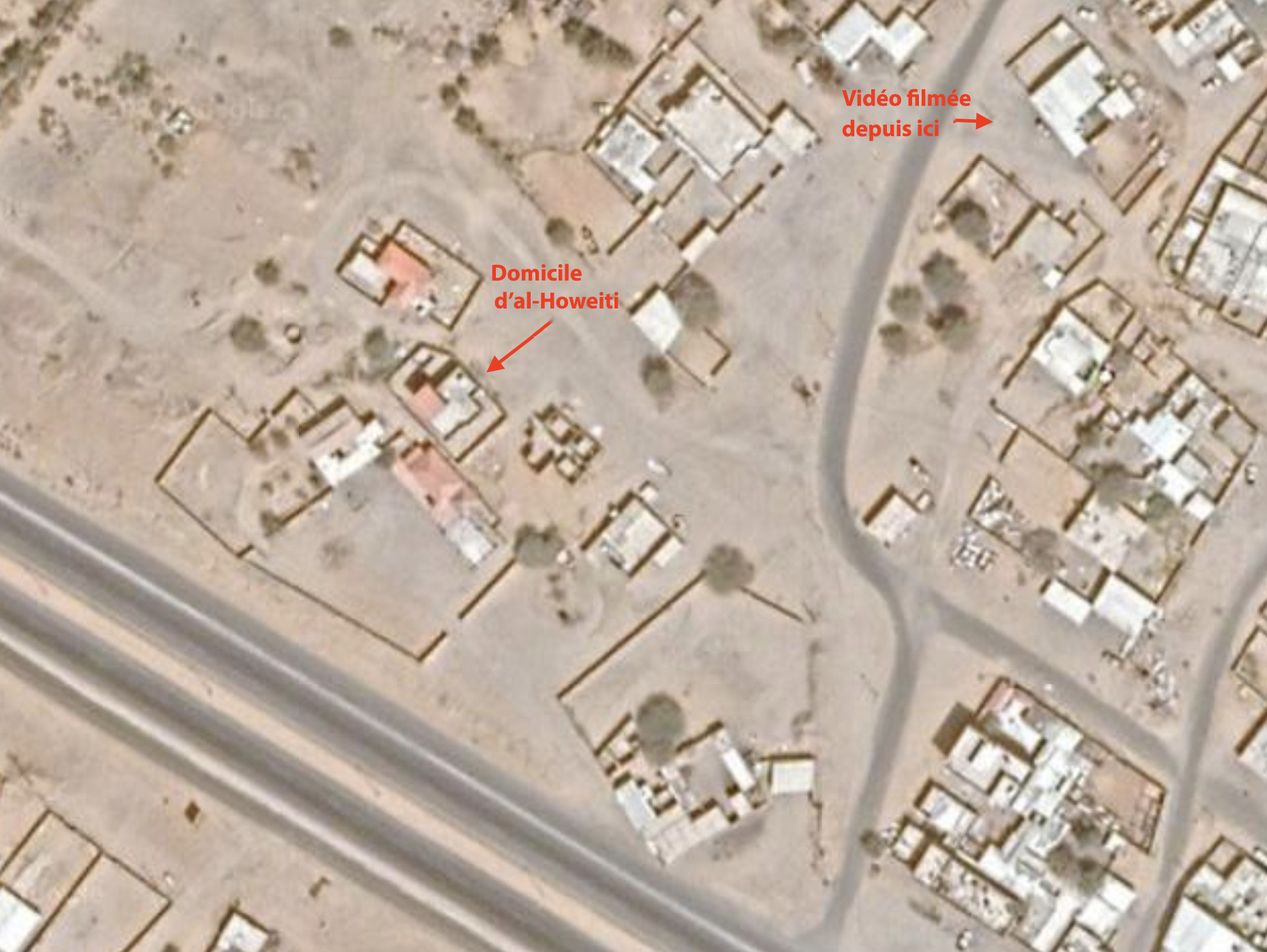 La géolocalisation de la zone montre le domicile d’al-Howeiti et l’endroit d’où a été filmée la fusillade (Google Maps)