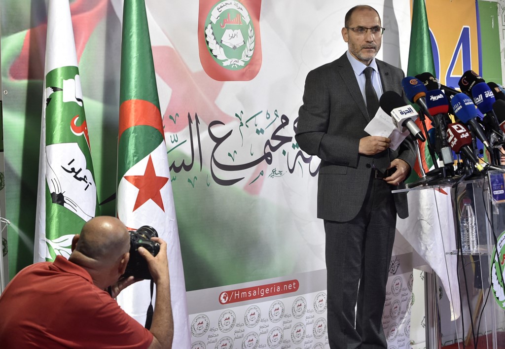MSP leader Abderrezak Mokri speaks in Algiers on 16 June 2021 (AFP)