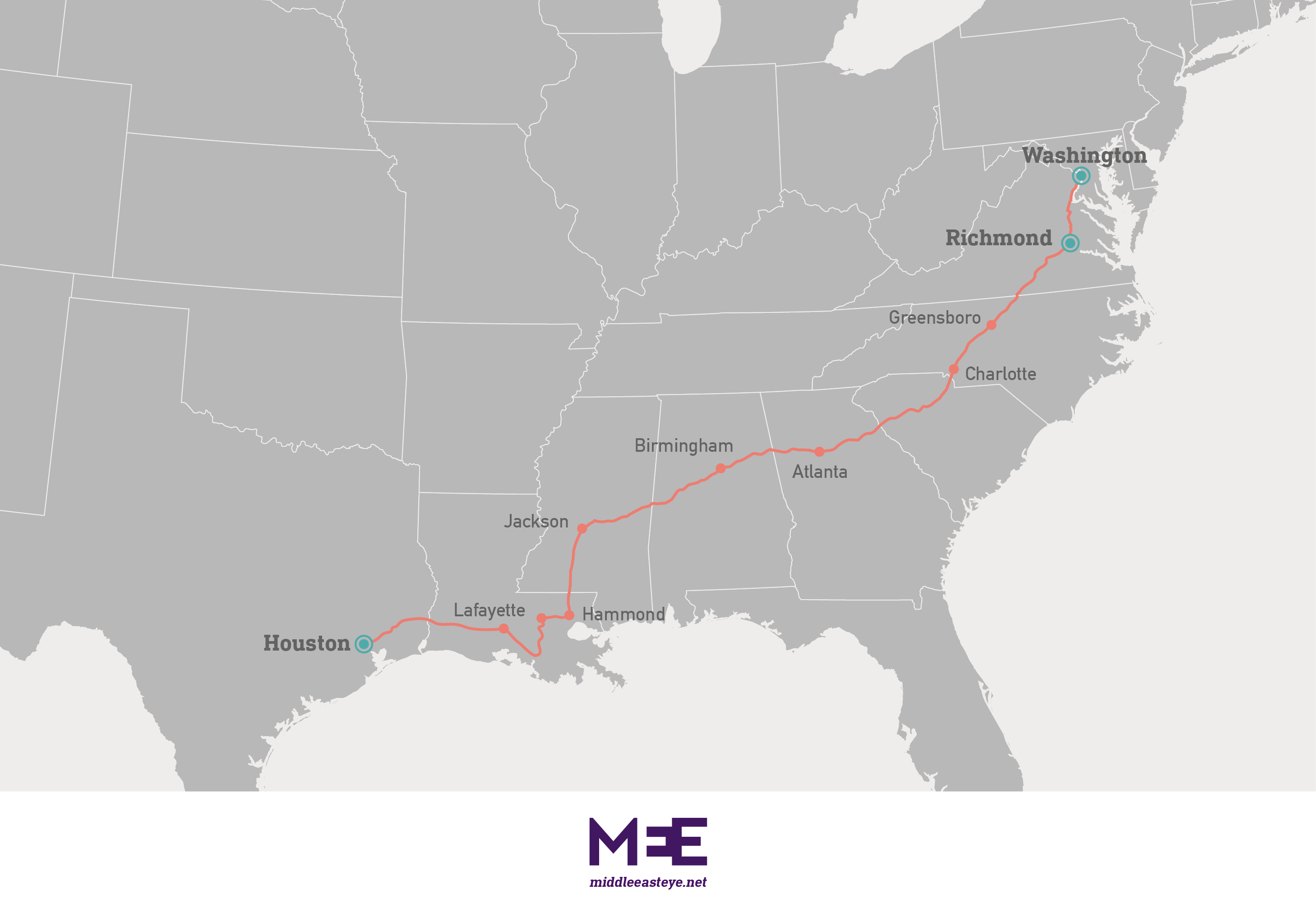 A map showing Martin Lonergan's walk from Houston to Washington.