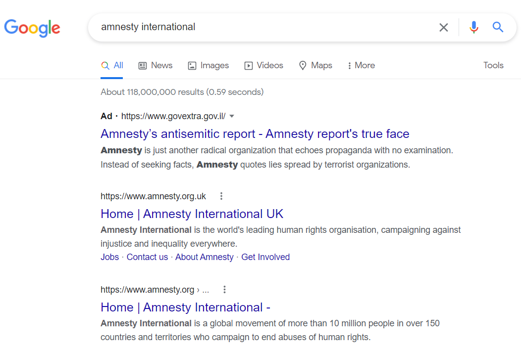 Capture d’écran faisant apparaître la publicité financée par Israël dans la recherche Google 