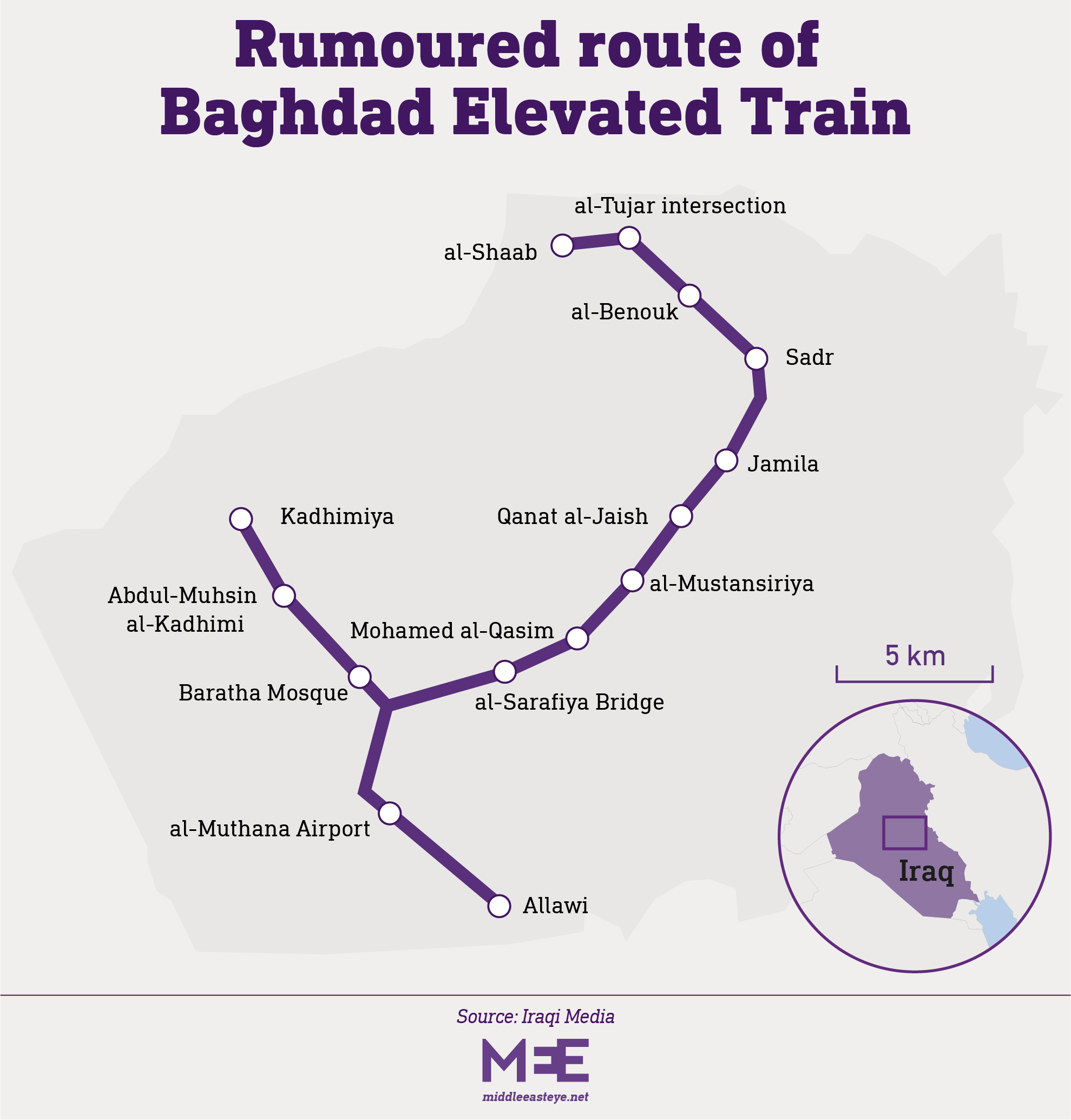 Rumoured route of Baghdad elevated train