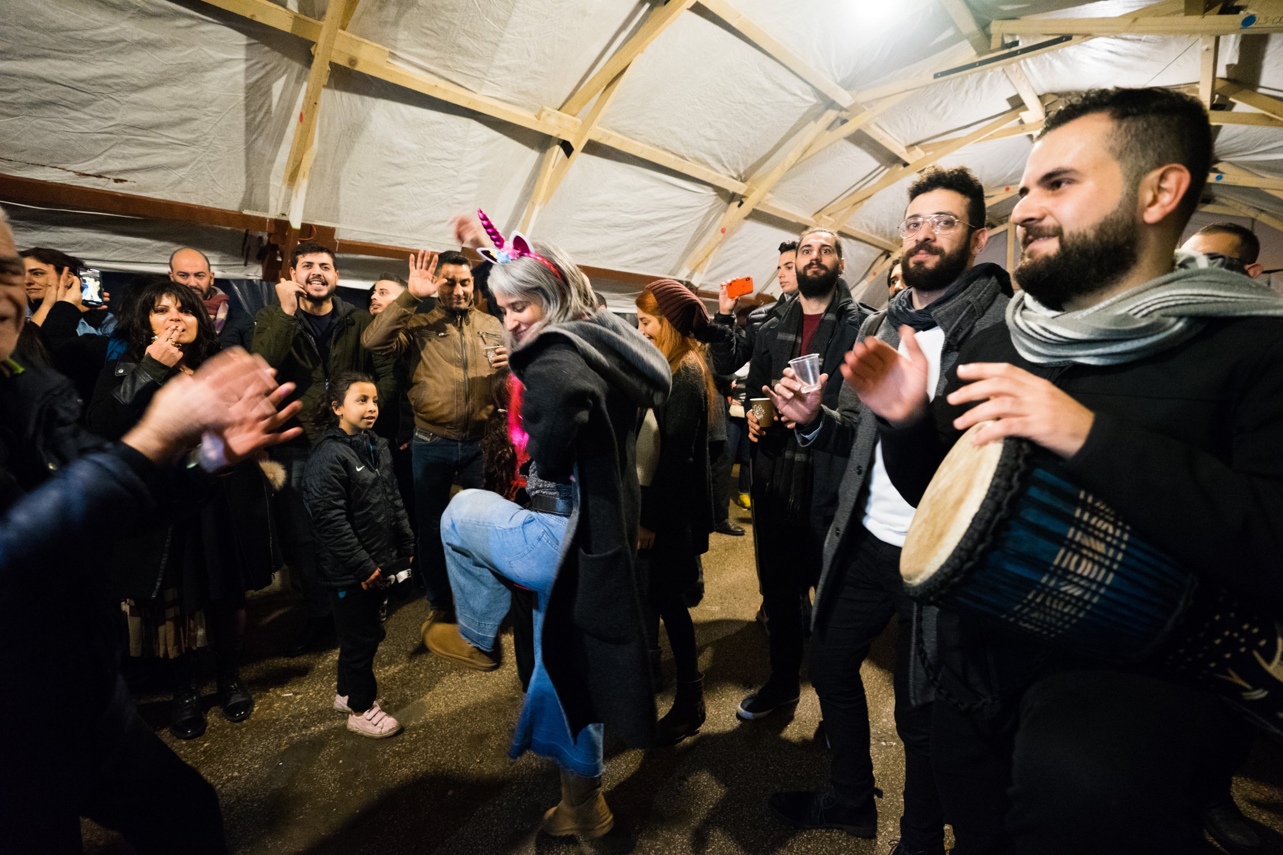Demonstrators dance in a protest tent in downtown Beirut on 31 December 2019 (MEE/Lynn Chaya)