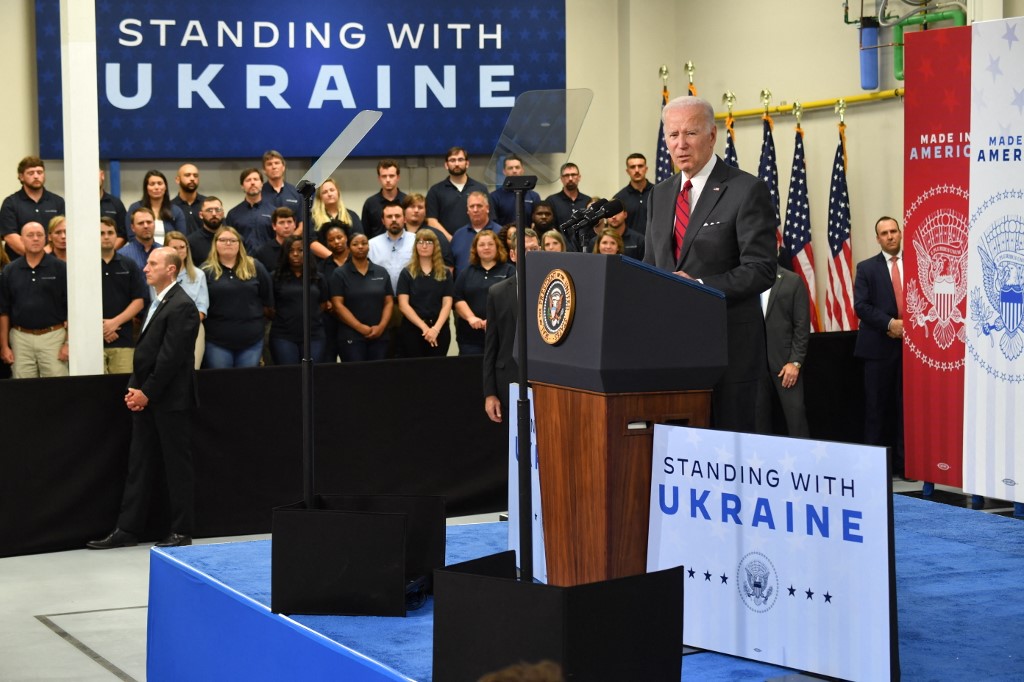 US President Joe Biden speaks about security and the conlict in Ukraine during a visit to the Lockheed Martin’s Pike County Operations facility in Troy, Alabama, on May 3, 2022