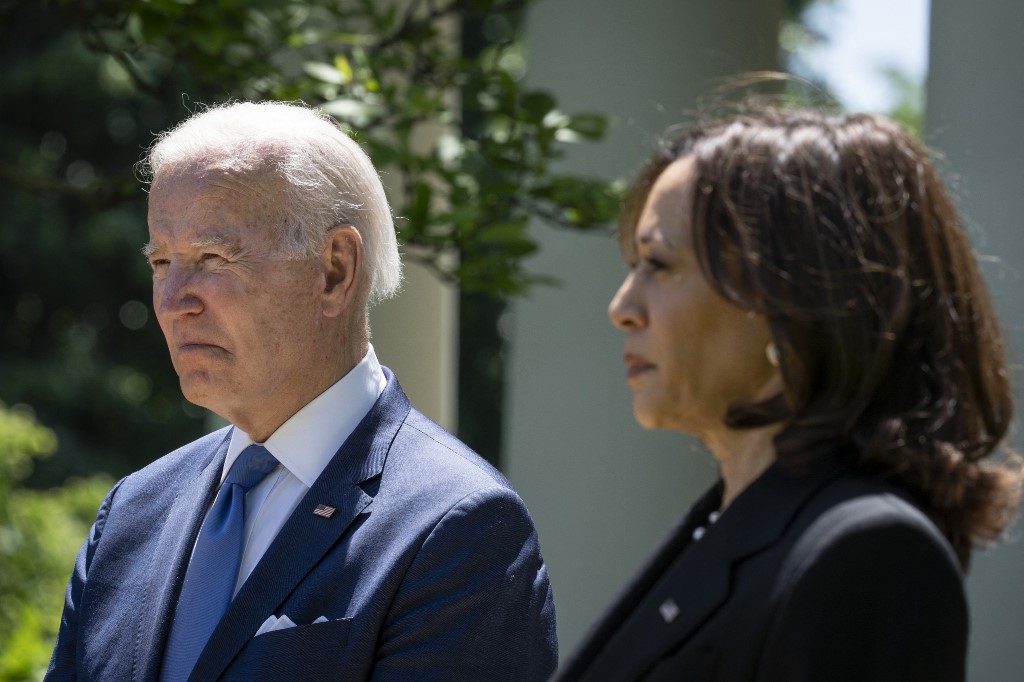 .S. President Joe Biden and Vice President Kamala Harris listen to speakers during an event on high speed internet access for low-income Americans,