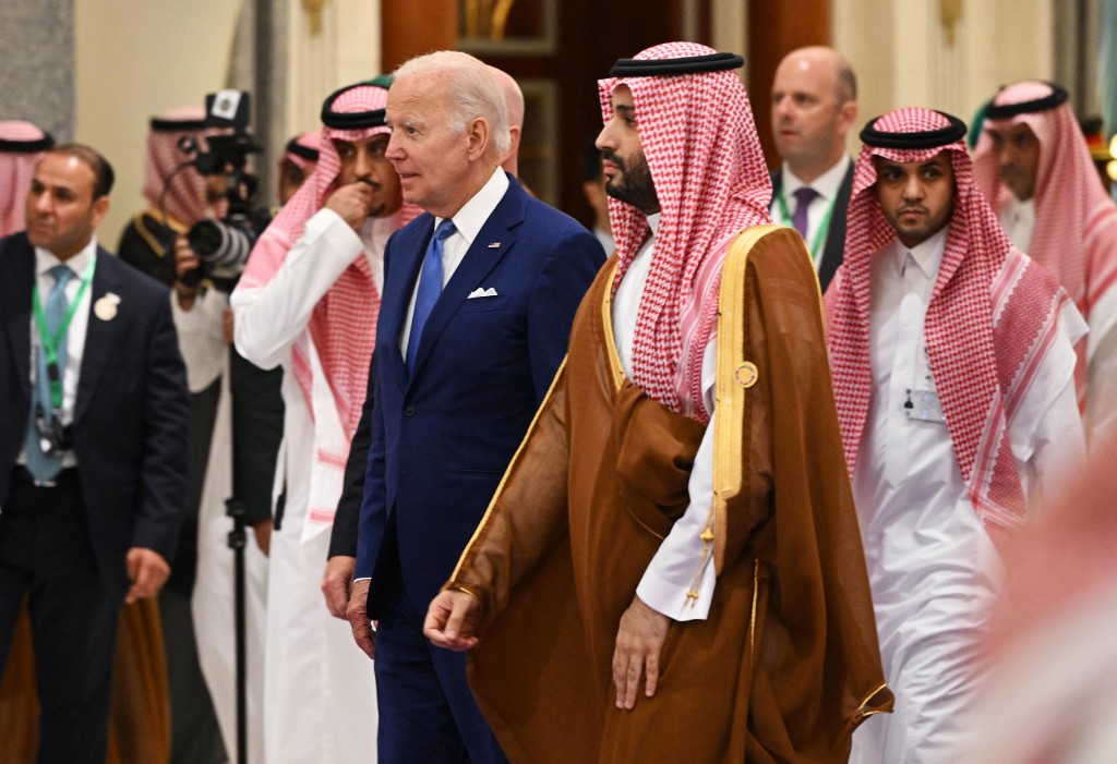 Biden and Saudi Crown Prince Mohammed bin Salman are pictured in Jeddah, Saudi Arabia, on 16 July 2022 (AFP)
