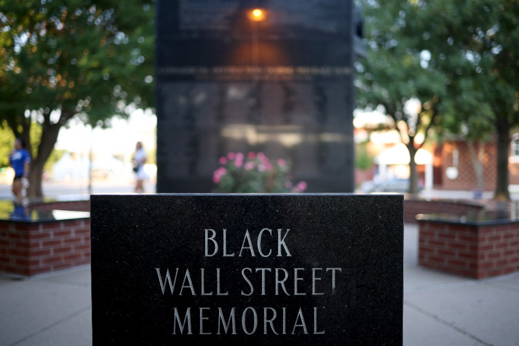 The Black Wall Street massacre memorial in Tulsa is pictured in June 2020 (AFP)
