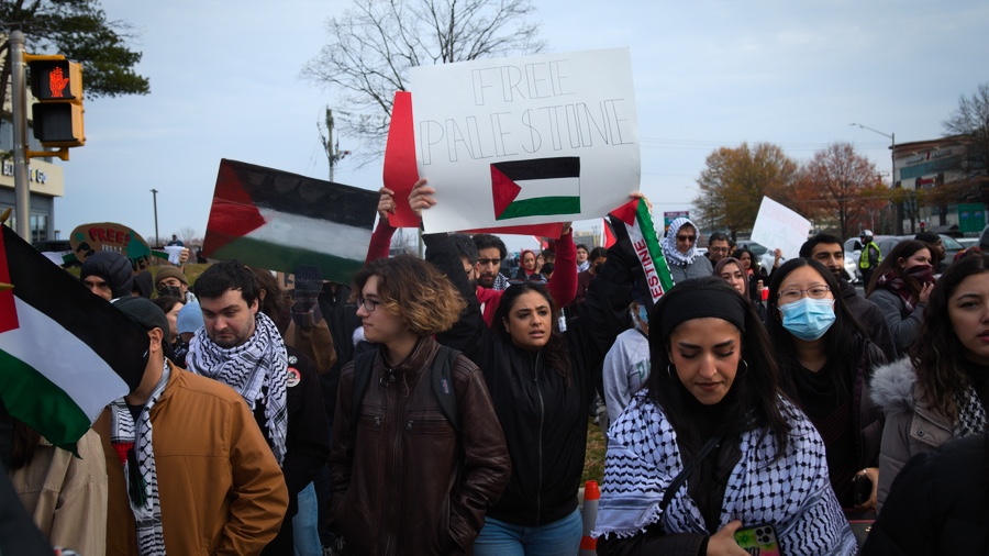 Pro-Palestine demonstrators rally outside Tyson's Corner Center on Black Friday, 24 November 2023