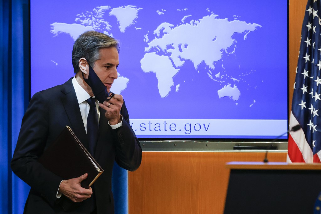 US Secretary of State Antony Blinken arrives for a media briefing in Washington on 27 January 2021 (AFP)
