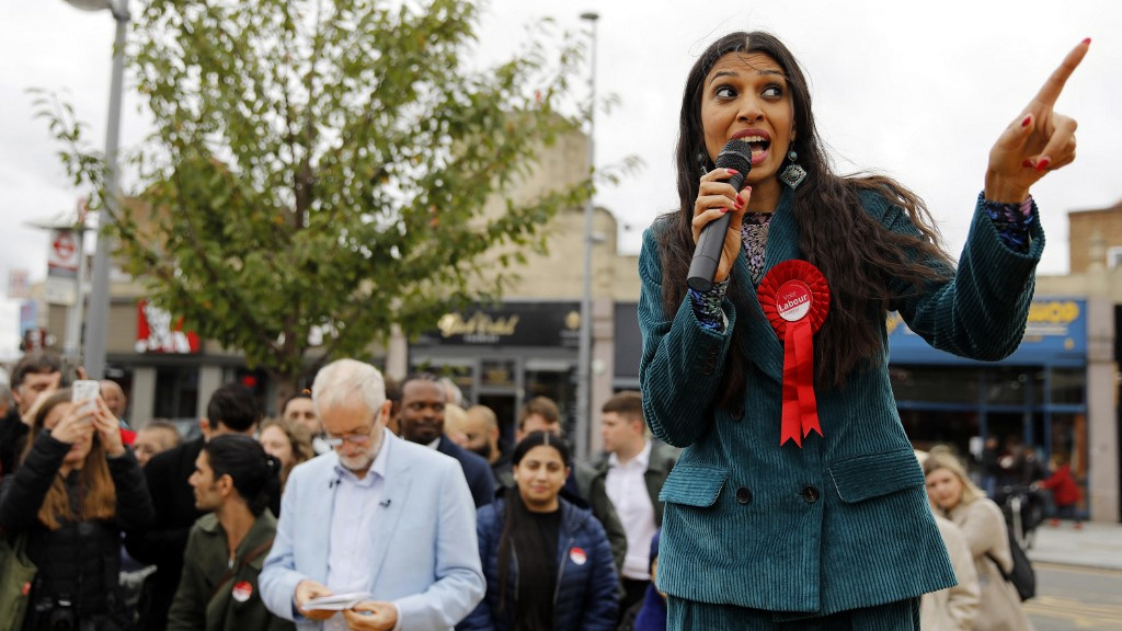 Labour has deselected as candidate for Chingford and Woodford Green Faiza Shaheen, pictured in September 2019 as then-leader Jeremy Corbyn looks on (Tolga Akmen/AFP)