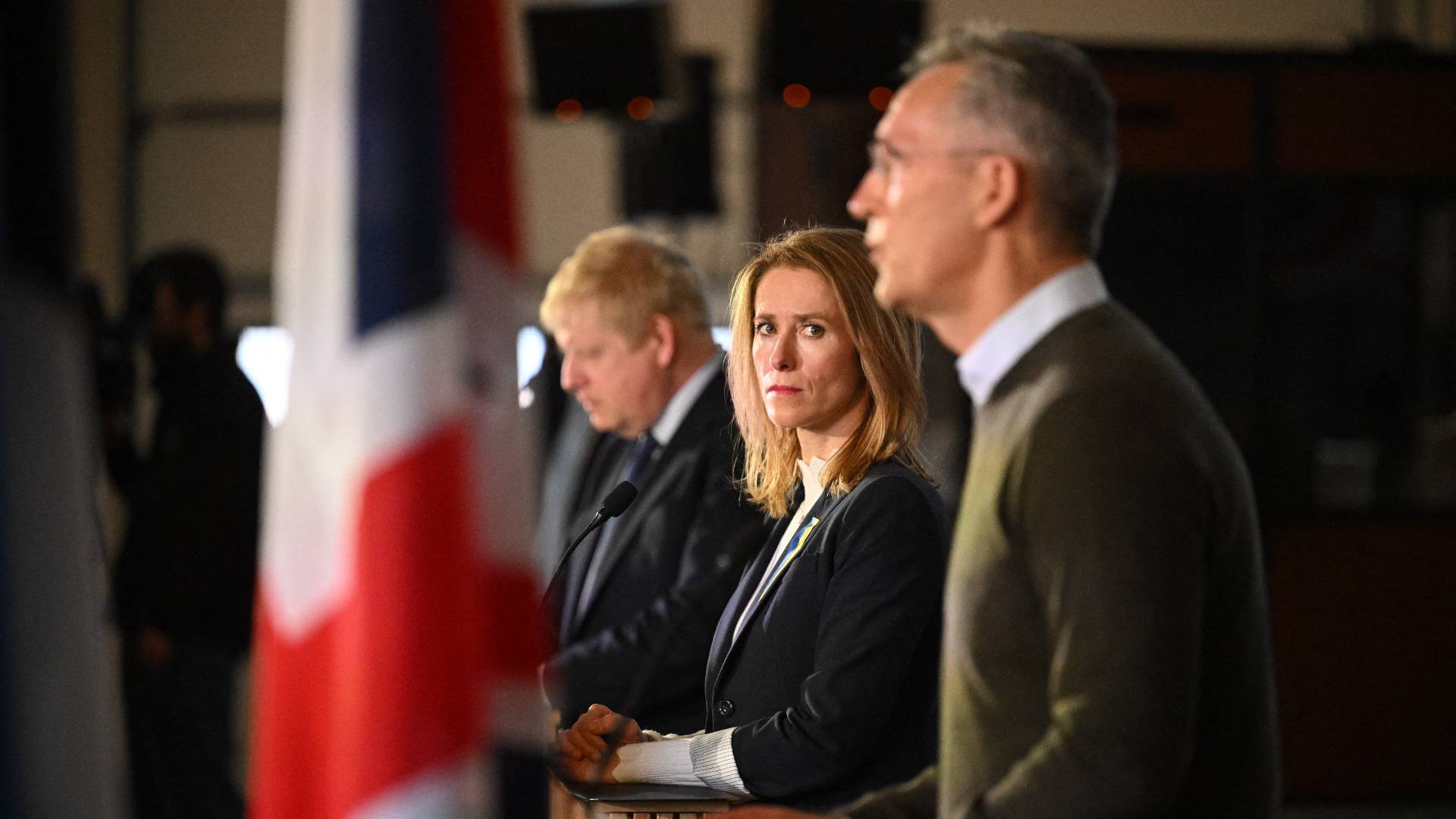 Secretary General of NATO, Jens Stoltenberg speaks during a joint press conference with the Prime Minister of Estonia Kaja Kallas (C) and British Prime Minister Boris Johnson (L) at the Tapa Army Base on March 1, 2022 in Tallinn, Estonia