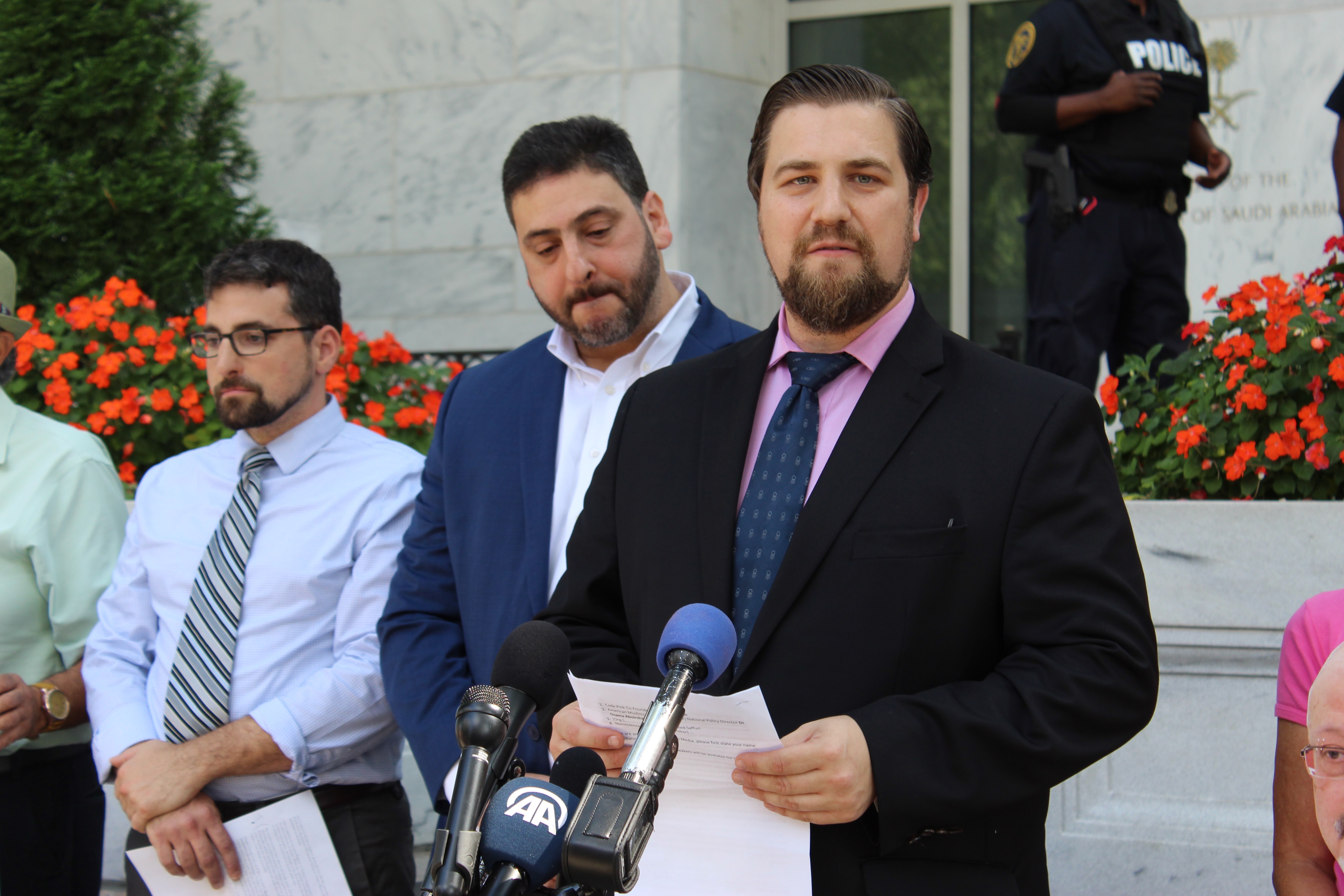 CAIR's Robert S. McCaw speaks during a press conference held in front of the Saudi embassy in Washington on 2 October 2019 (MEE/Sheren Khalel)