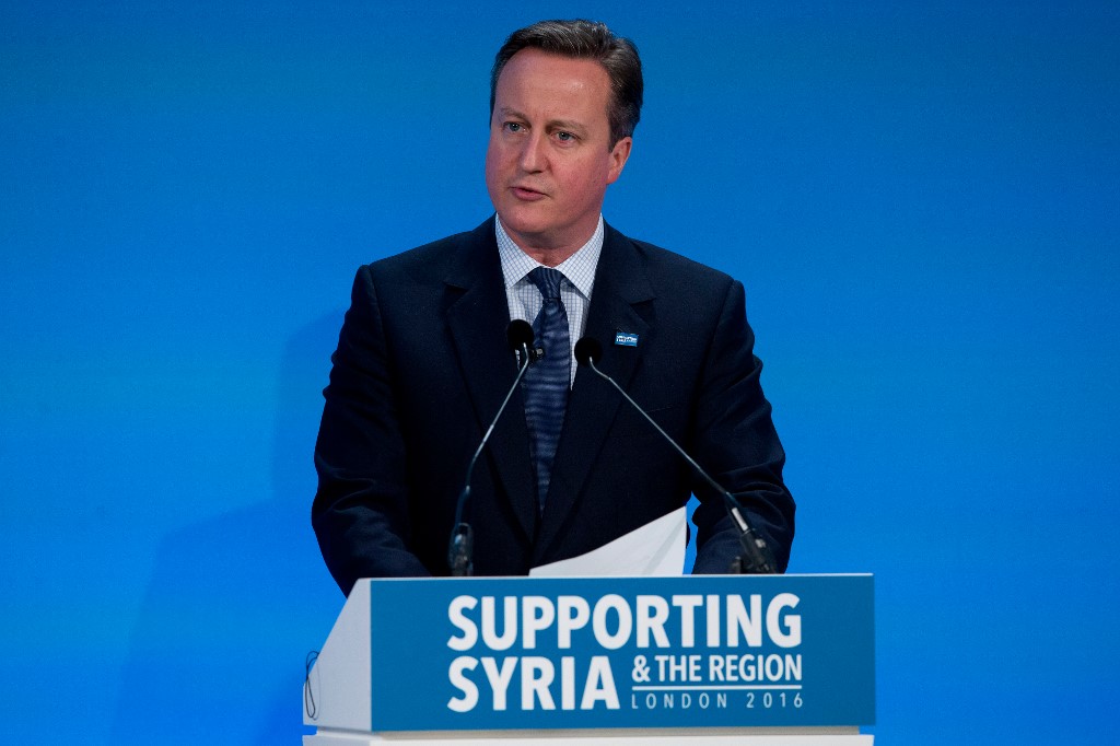 Former British Prime Minister David Cameron speaks at a Syria donors’ conference in central London in 2016 (AFP)