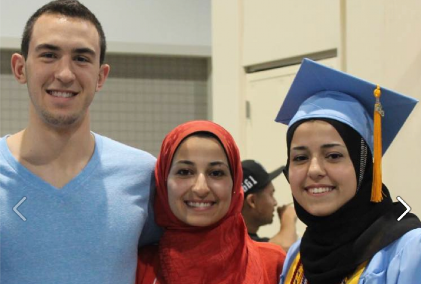 A photo of Deah Barakat, Yusor Abu-Salha, and Razan Abu-Salha, who were killed on 10 February 2015.