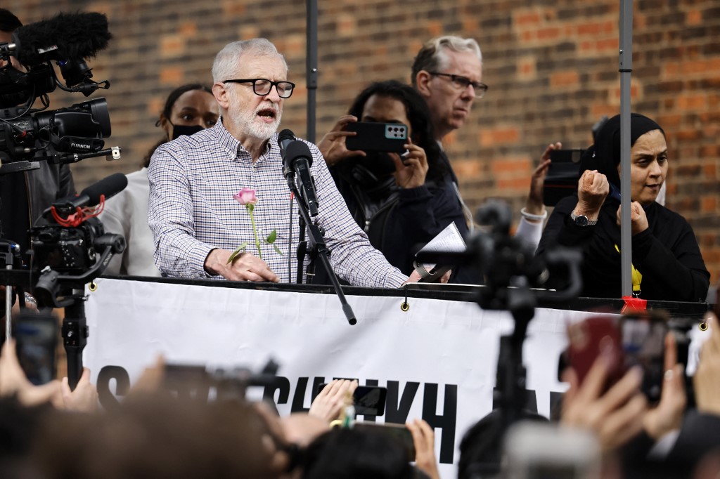 Former Labour leader Jeremy Corbyn speaks at a demonstration in support of the Palestinian cause in London on 15 May 2021 (AFP)