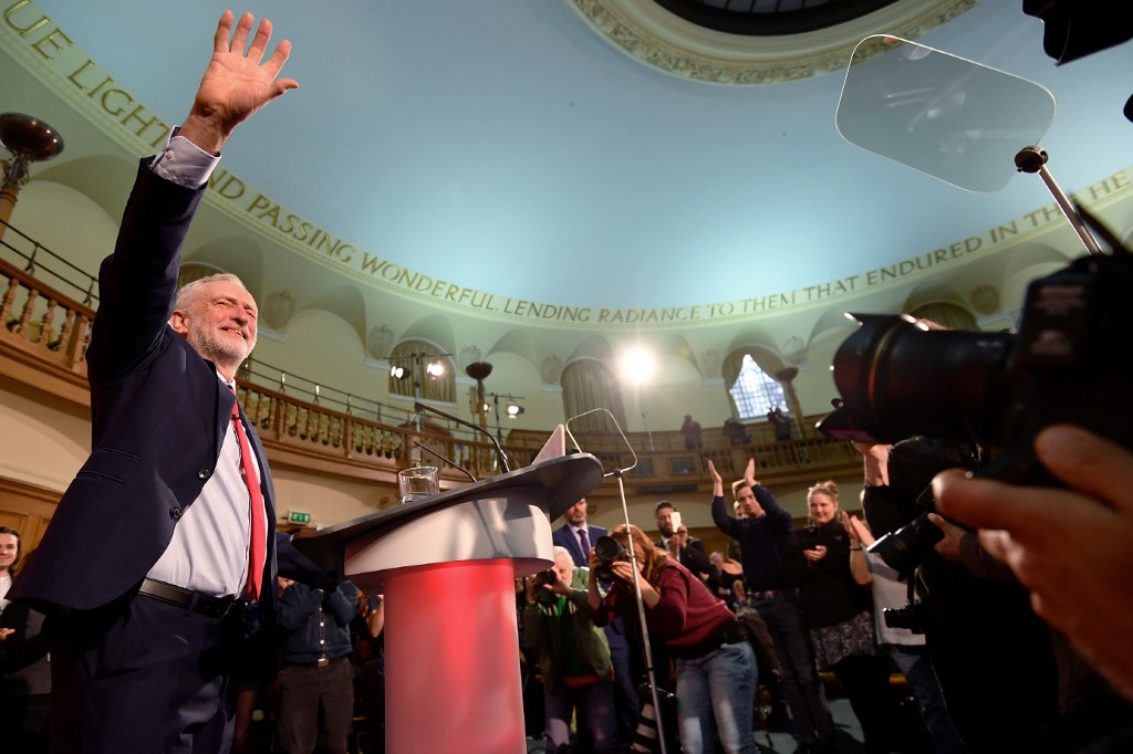 Corbyn delivers his inaugural campaign speech in London in 2017 (AFP)