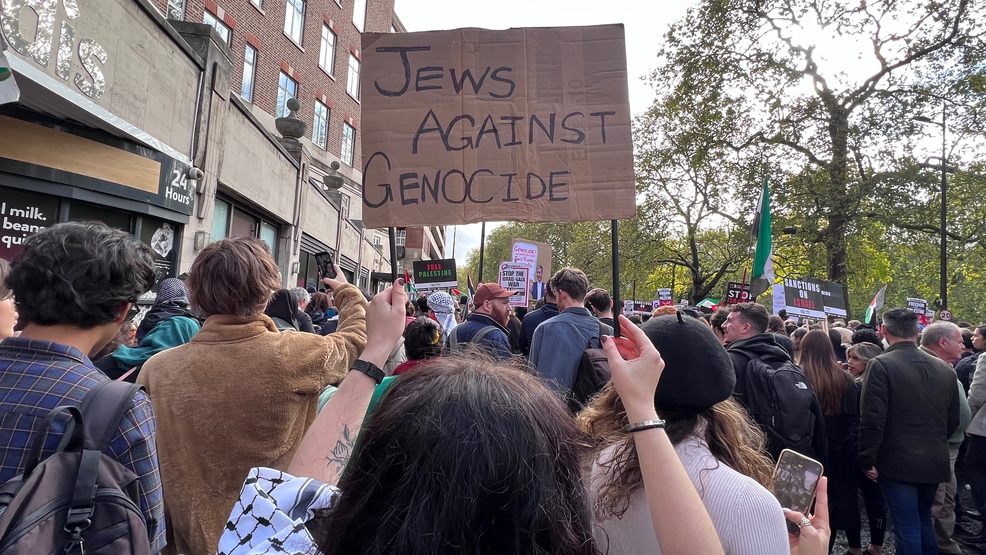 Esther Jones holding a sign labelled “Jews against genocide” during the pro-Palestine March (MEE/Areeb Ullah)